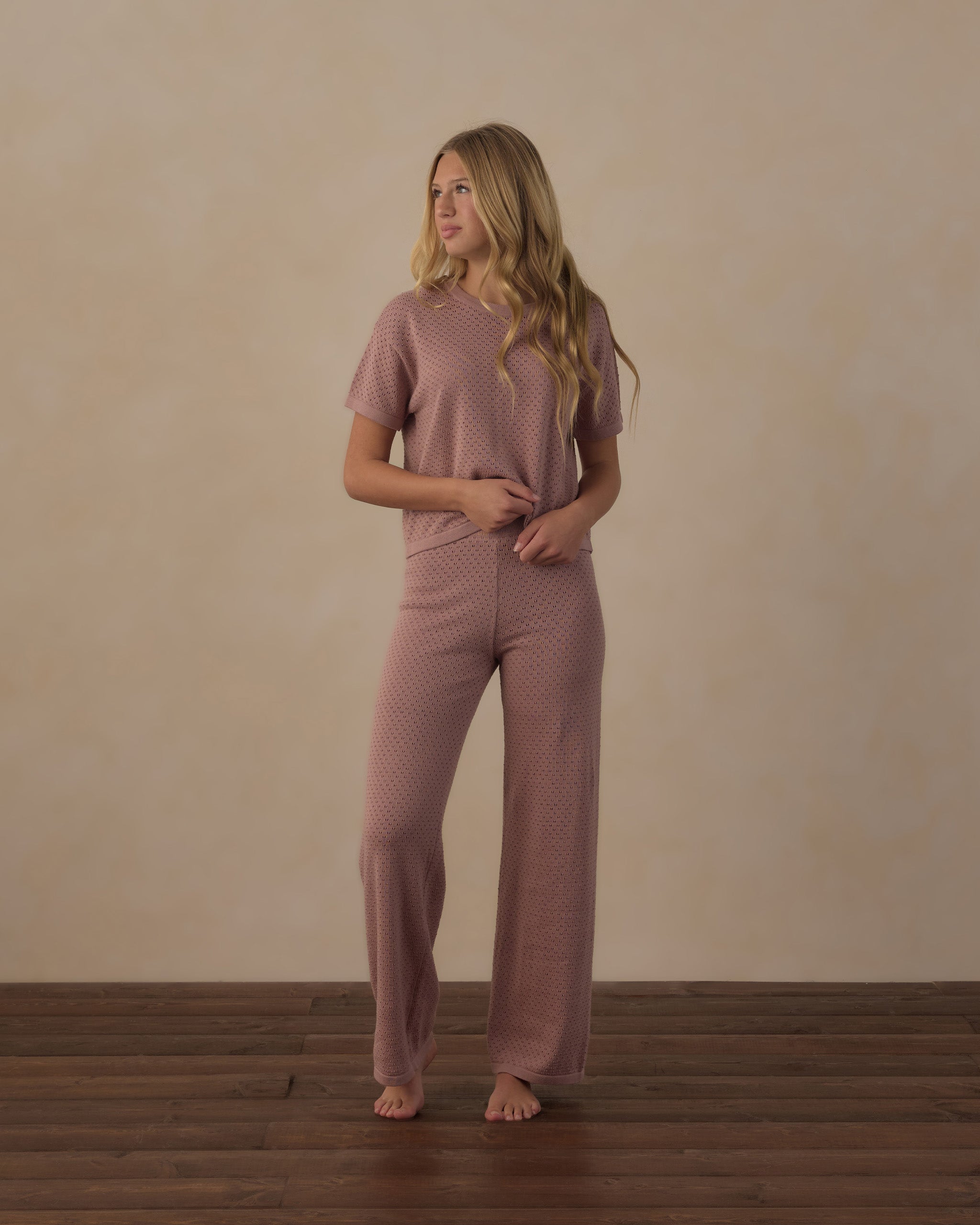 Pantalon en maille à jambes larges pour adolescente, bois de rose