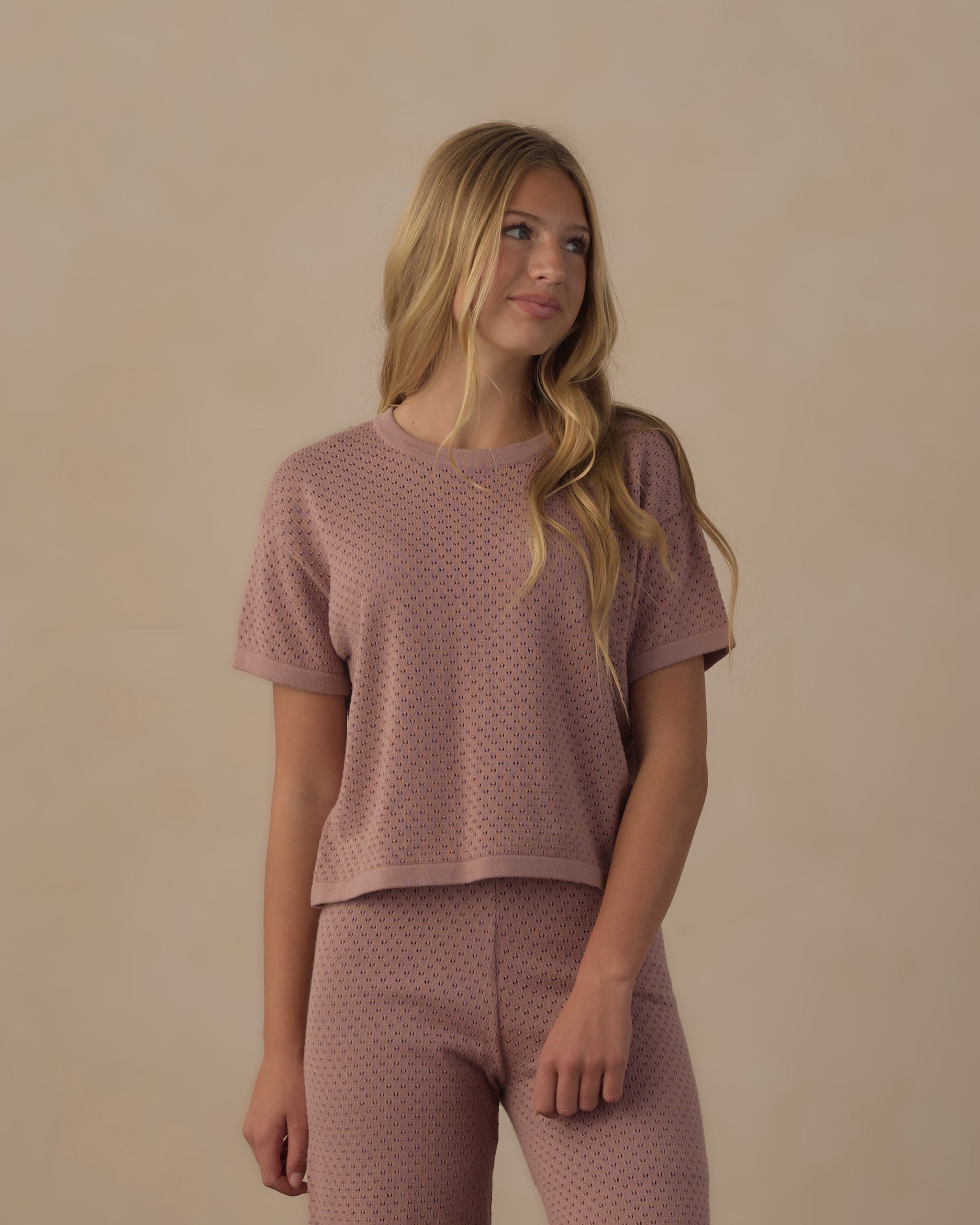 Pantalon en maille à jambes larges pour adolescente, bois de rose
