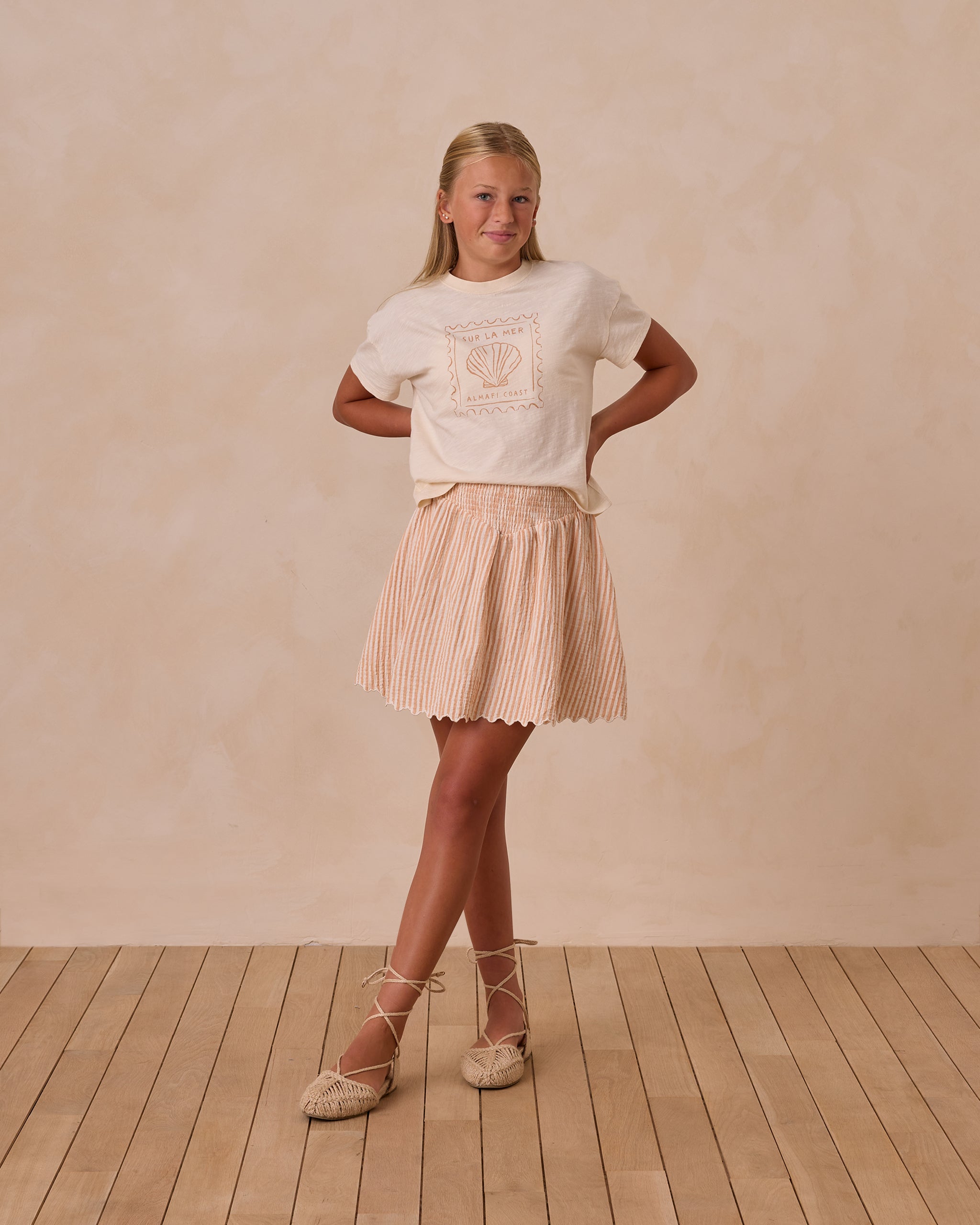 Smocked V Mini Skirt || Grapefruit Stripe Teen