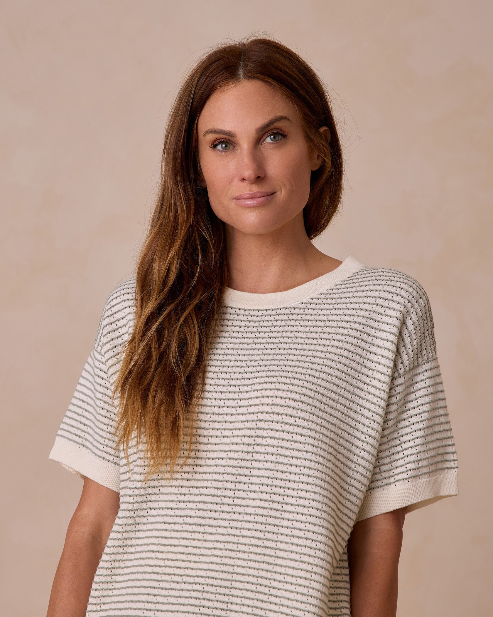 Boxy Crop Knit Tee | Sage Stripe