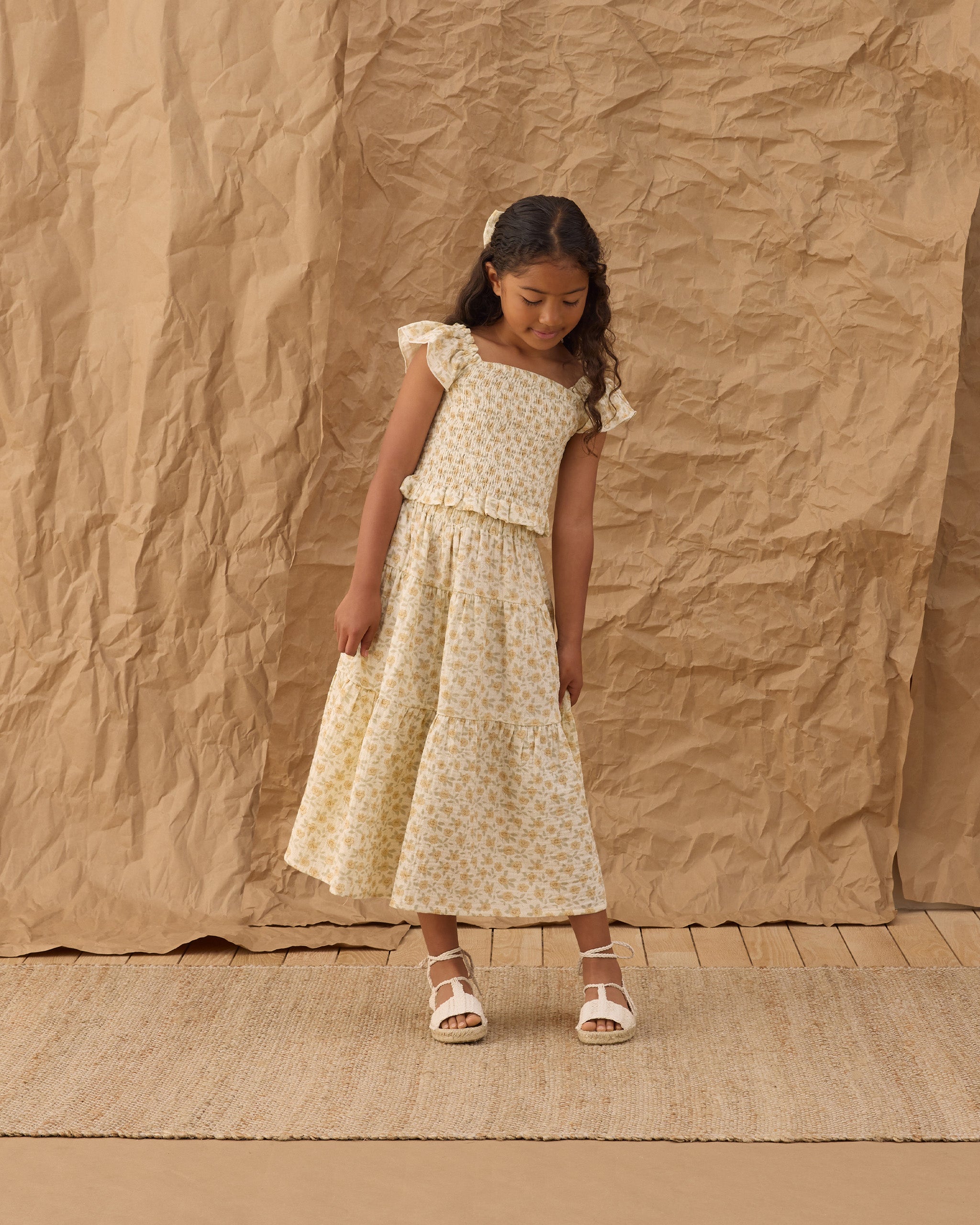 Tiered Midi Skirt Yellow Floral