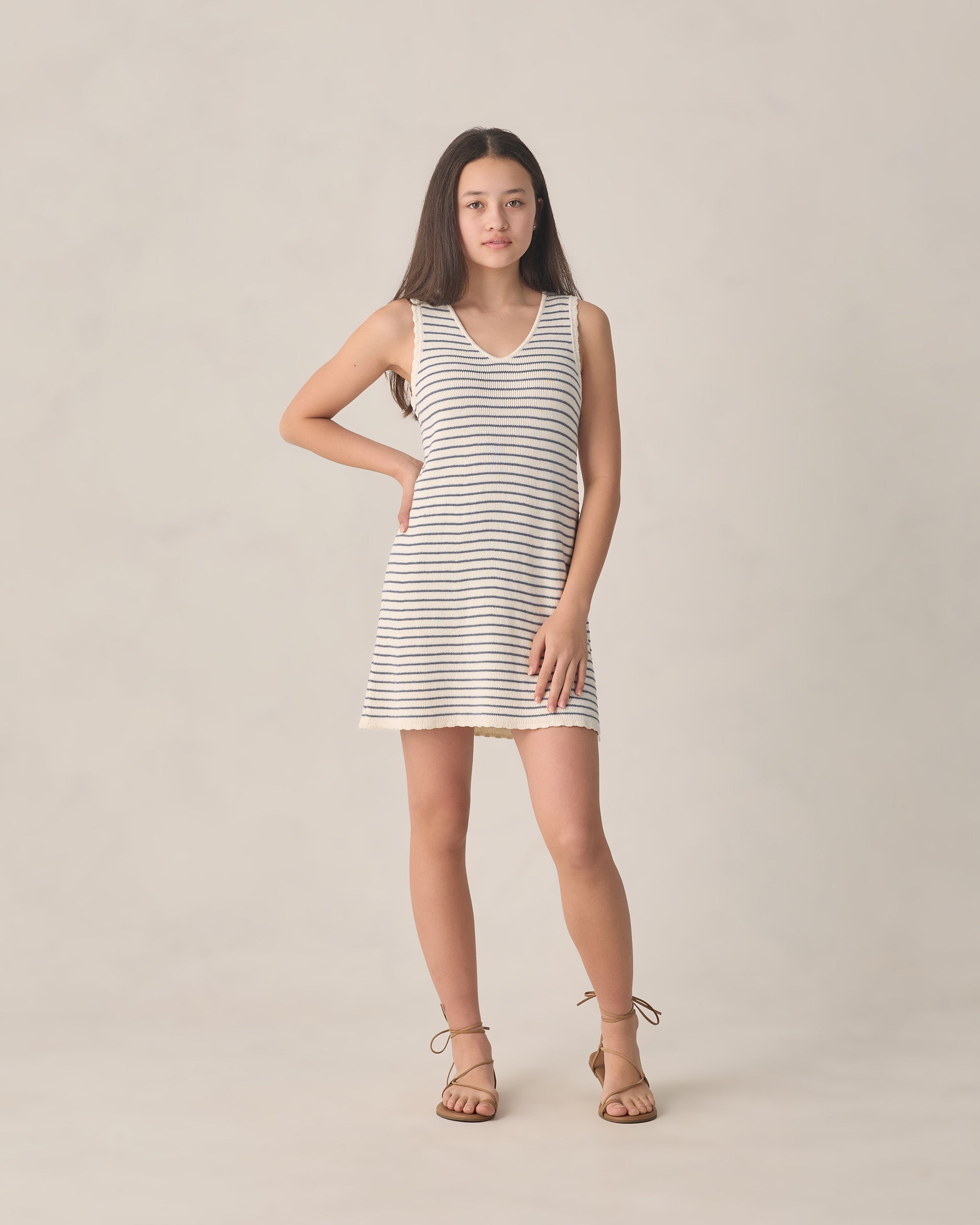 Robe mini débardeur en crochet pour adolescente, rayures marines
