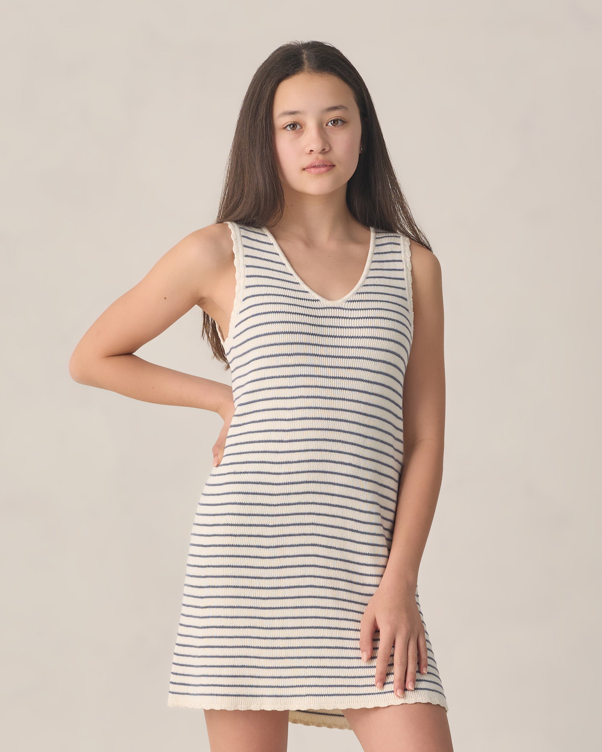 Robe mini débardeur en crochet pour adolescente, rayures marines