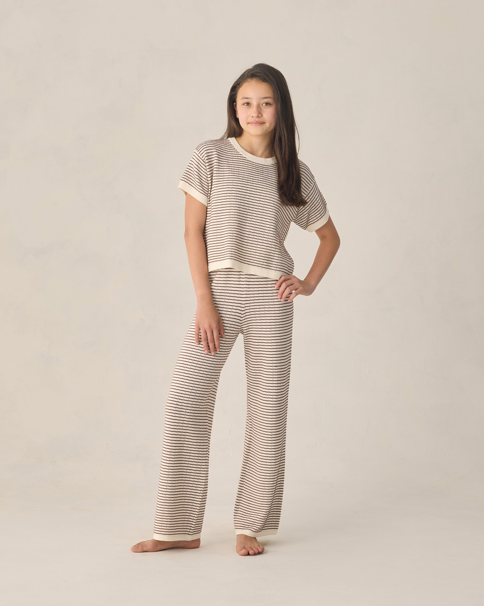 Pantalon large en maille pour adolescente, rayures chocolat
