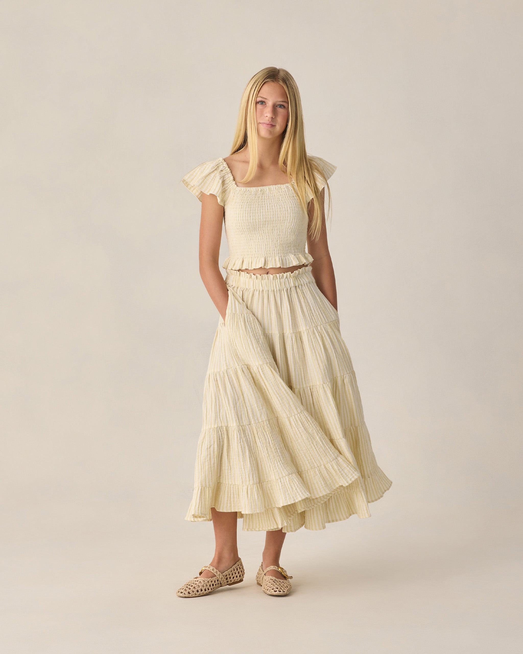 Teen Ruffle Tiered Maxi Skirt Citron Stripe - Rylee + Cru | Kids Clothes | Trendy Baby Clothes | Modern Infant Outfits |