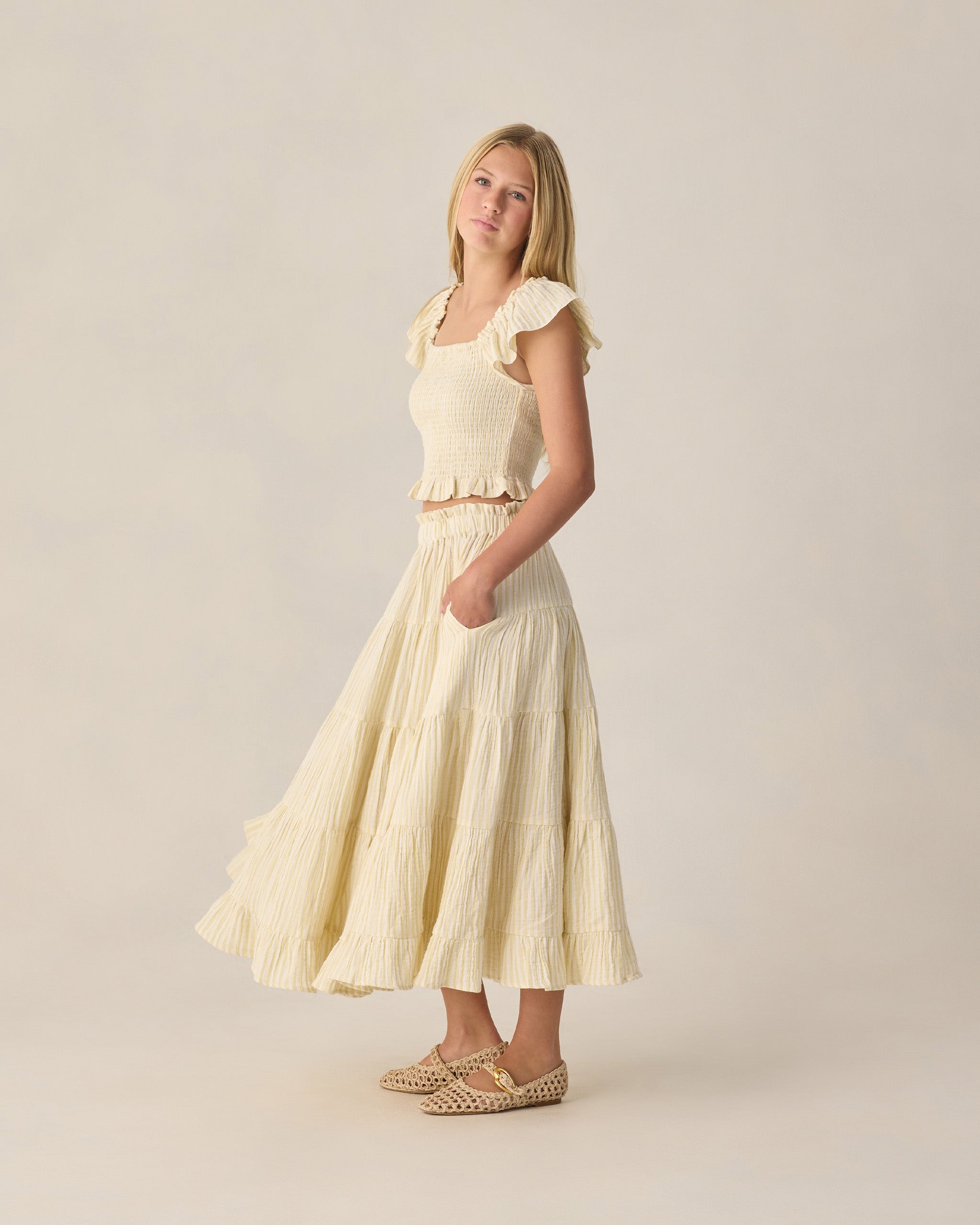 Teen Ruffle Tiered Maxi Skirt Citron Stripe - Rylee + Cru | Kids Clothes | Trendy Baby Clothes | Modern Infant Outfits |