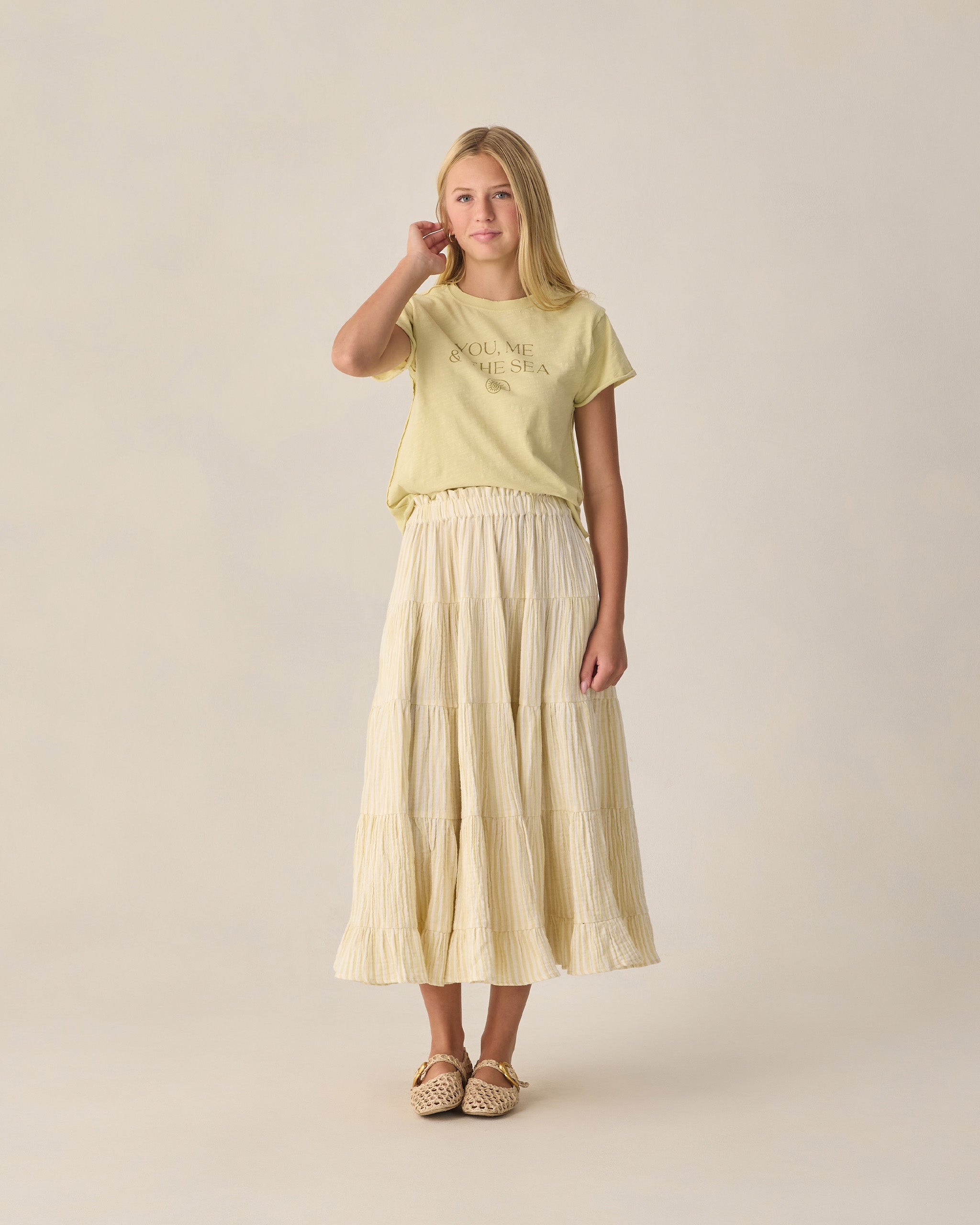 Teen Ruffle Tiered Maxi Skirt Citron Stripe - Rylee + Cru | Kids Clothes | Trendy Baby Clothes | Modern Infant Outfits |