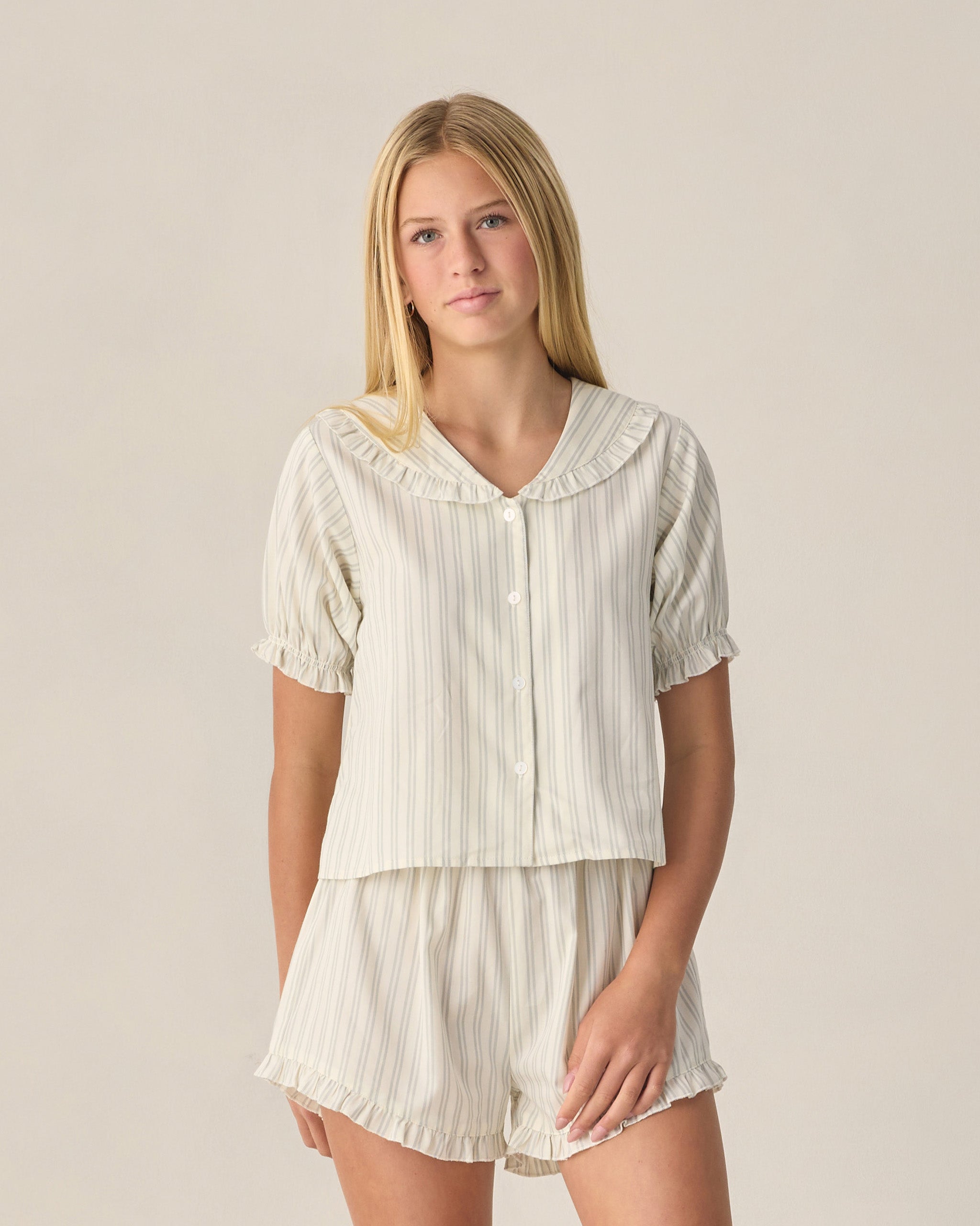 Teen Delilah Pajama Set Seafoam Railroad Stripe - Rylee + Cru | Kids Clothes | Trendy Baby Clothes | Modern Infant Outfits |