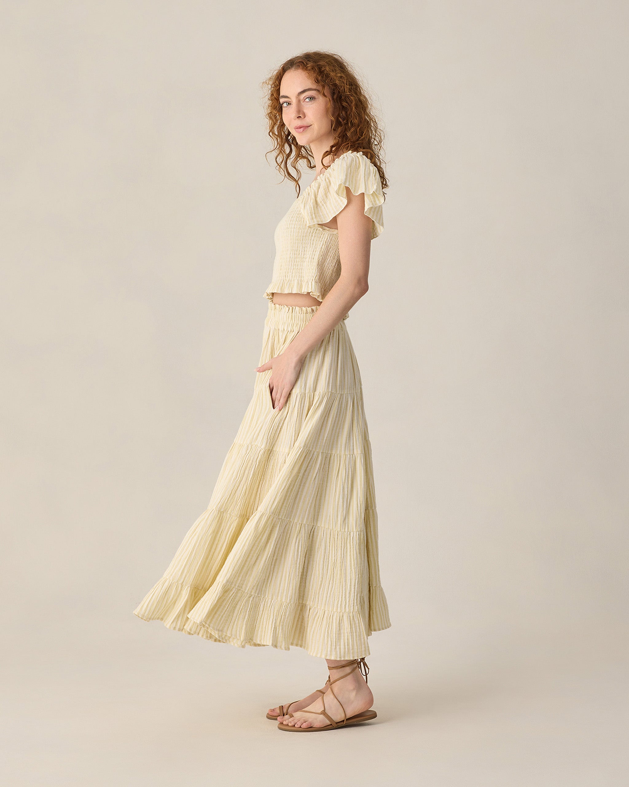 Women's Ruffle Tiered Maxi Skirt Citron Stripe - Rylee + Cru | Kids Clothes | Trendy Baby Clothes | Modern Infant Outfits |