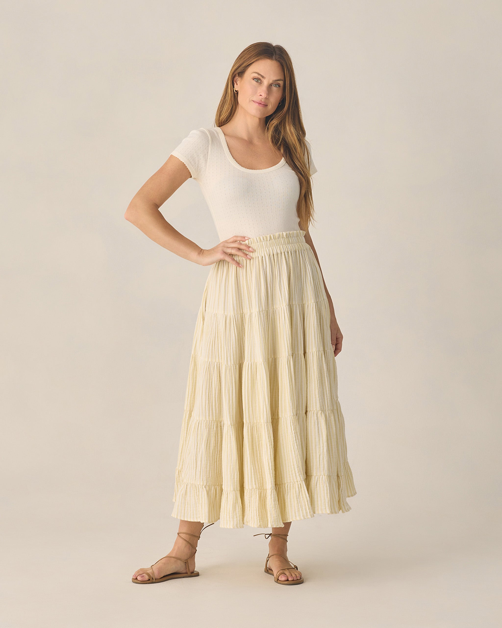 Women's Ruffle Tiered Maxi Skirt Citron Stripe - Rylee + Cru | Kids Clothes | Trendy Baby Clothes | Modern Infant Outfits |