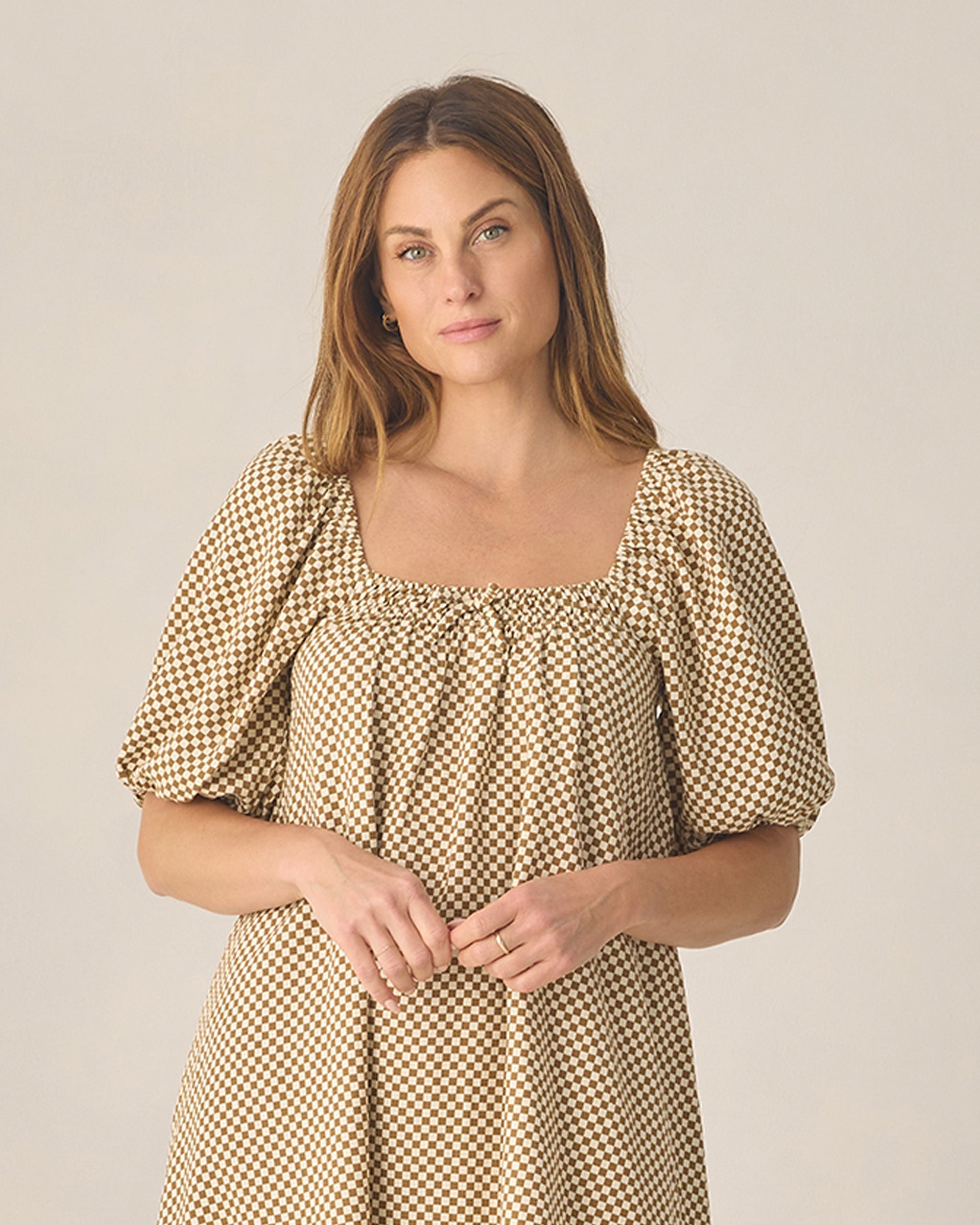 Women's Sabrina Mini Dress Ocre Check - Rylee + Cru | Kids Clothes | Trendy Baby Clothes | Modern Infant Outfits |