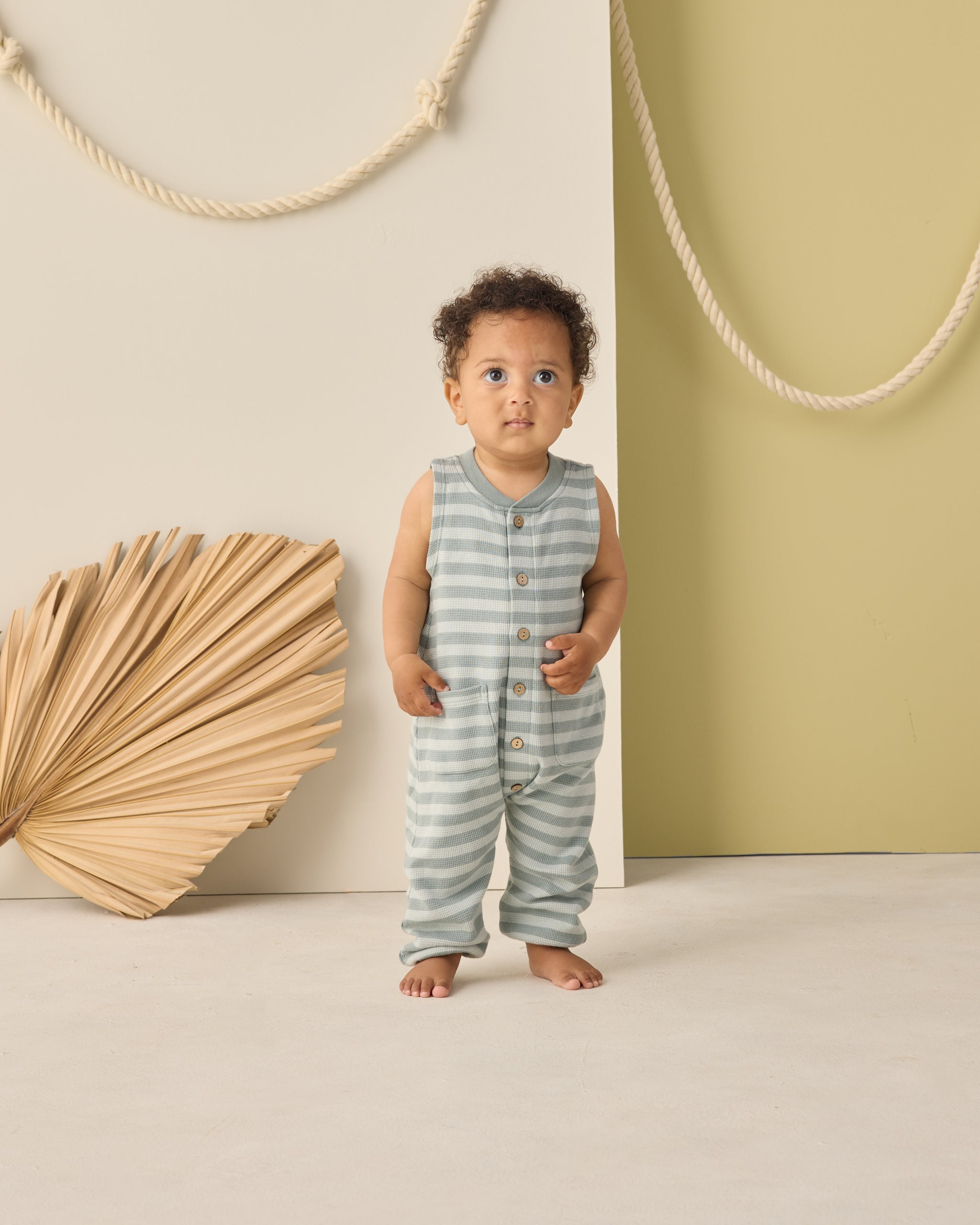 Summer Waffle Jumpsuit Sea Green Stripe - Rylee + Cru | Kids Clothes | Trendy Baby Clothes | Modern Infant Outfits |