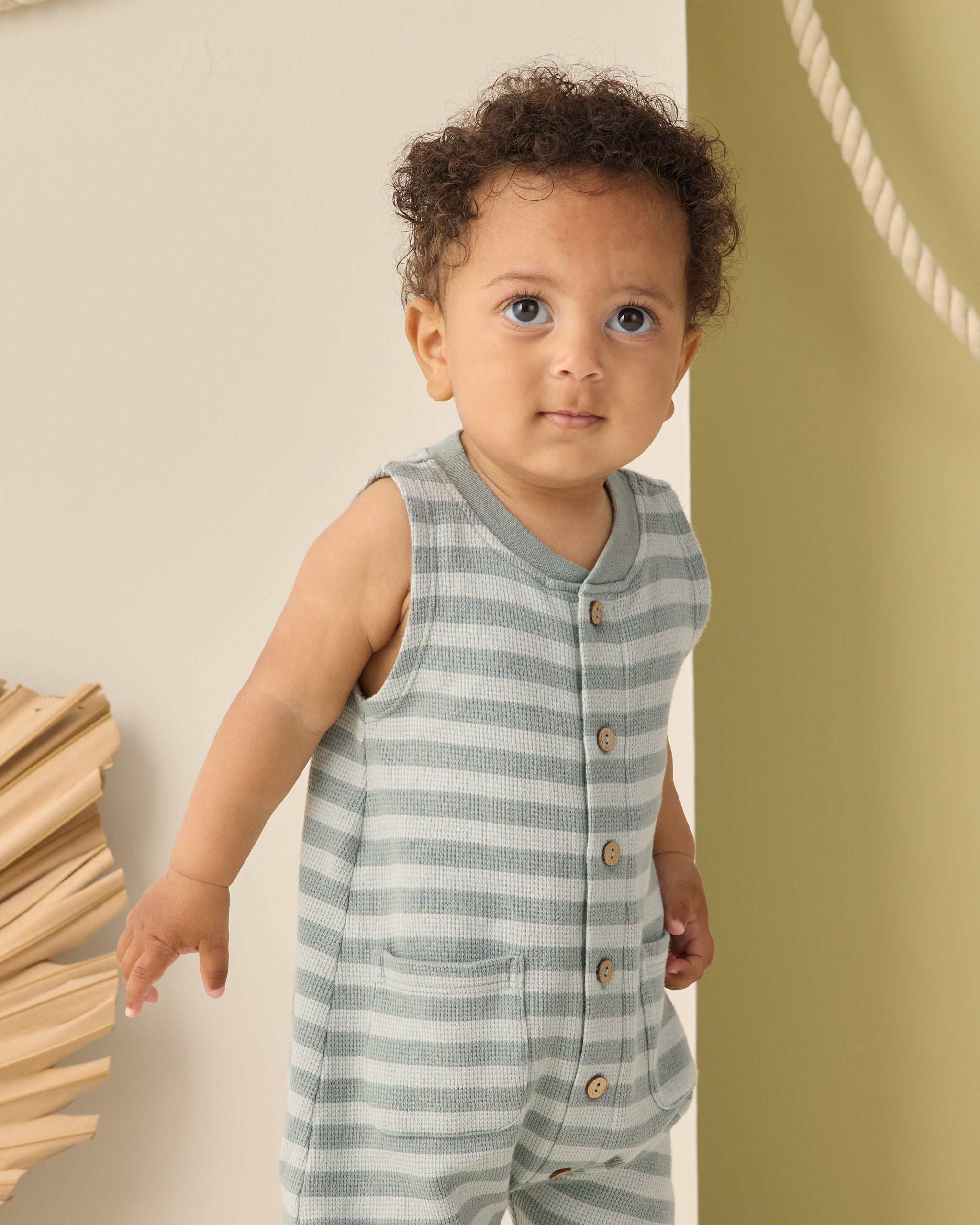 Summer Waffle Jumpsuit Sea Green Stripe - Rylee + Cru | Kids Clothes | Trendy Baby Clothes | Modern Infant Outfits |