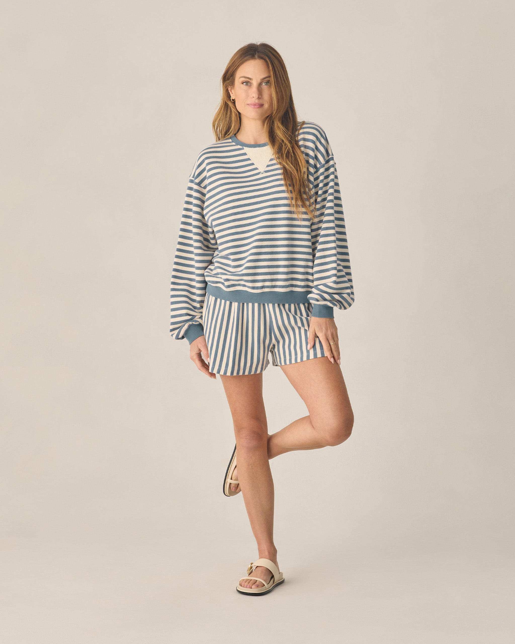 Women's Oversized Crew + Short Set Marine Stripe