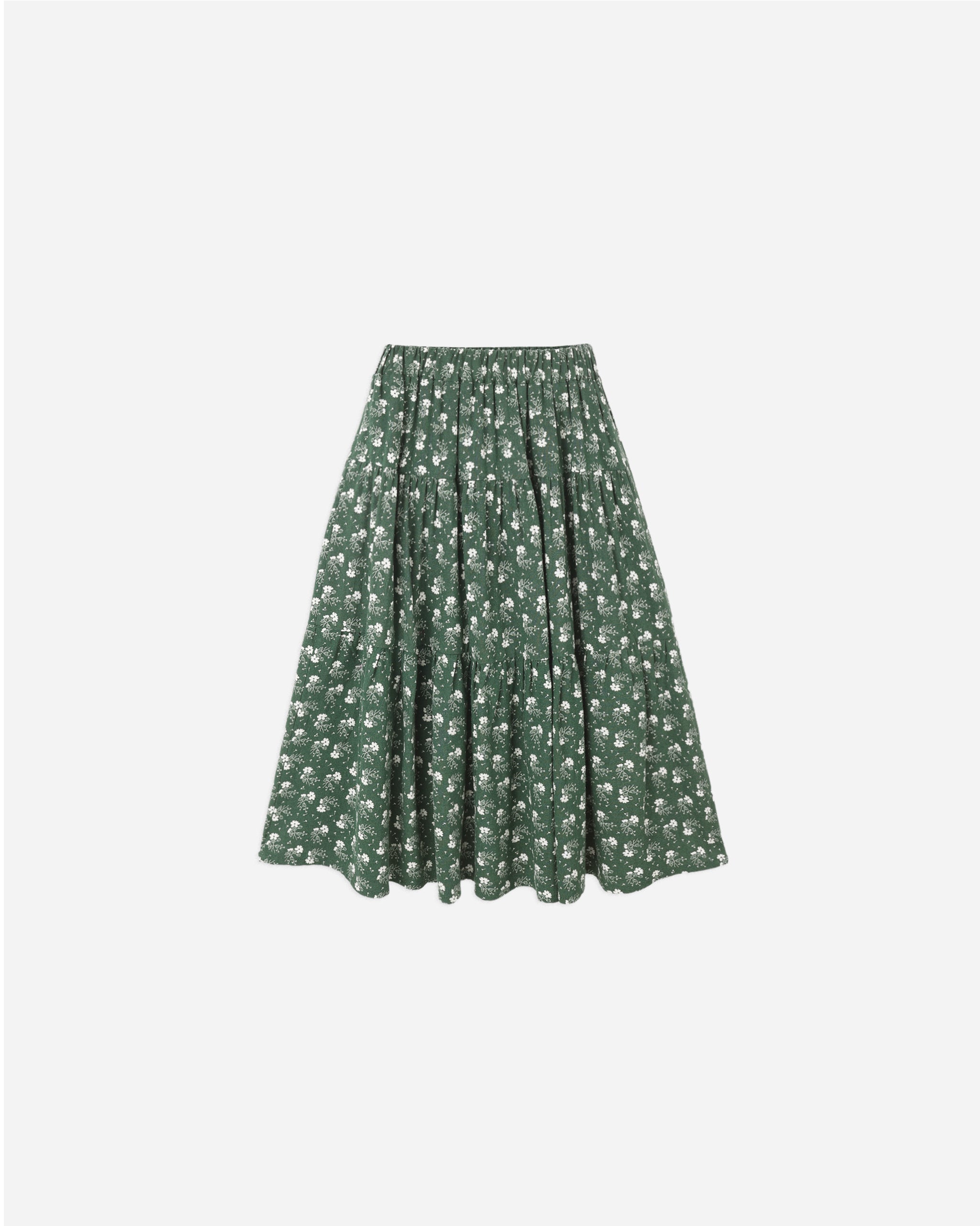 Jupe midi à volants || Motif fleuri vert