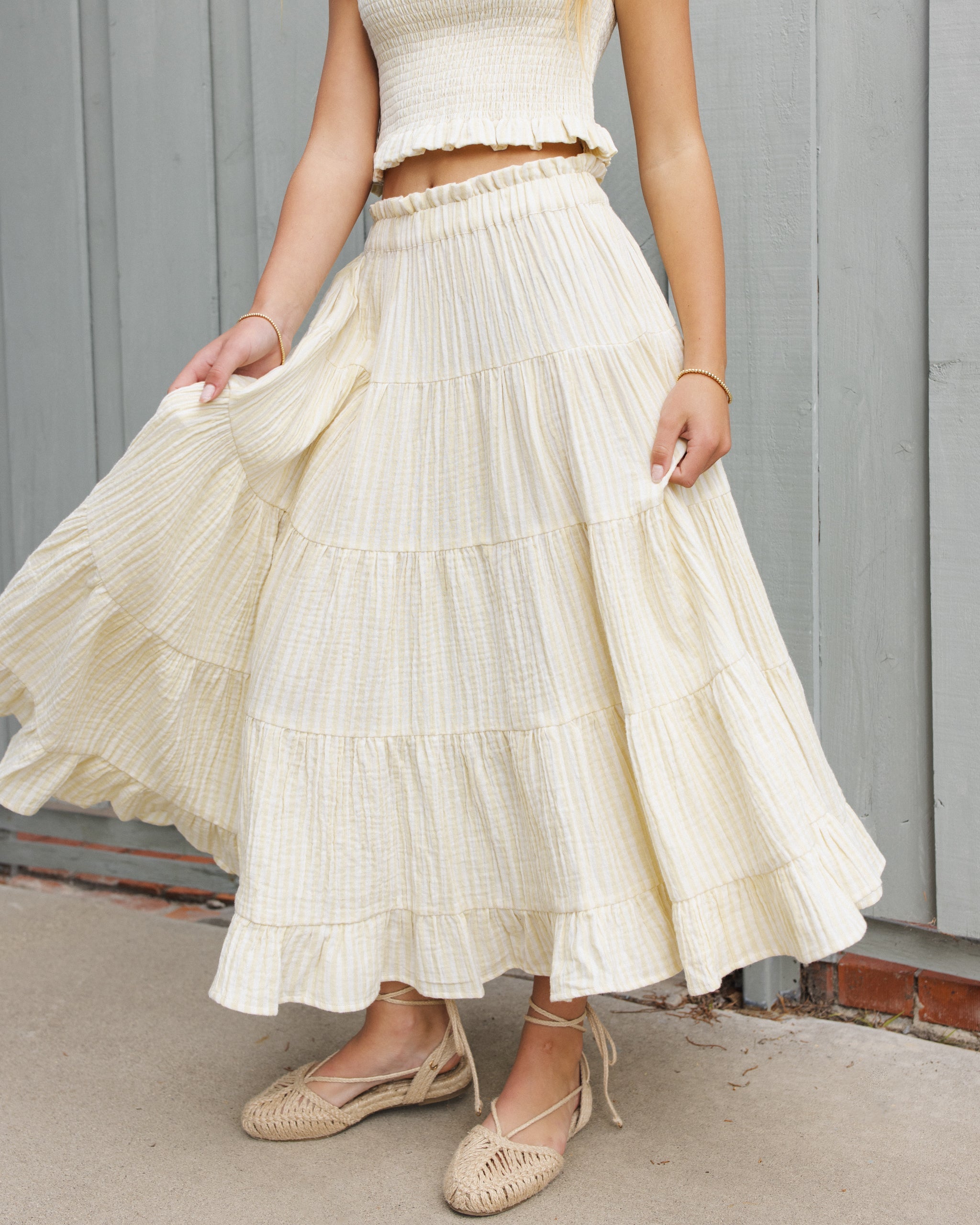 Teen Ruffle Tiered Maxi Skirt Citron Stripe - Rylee + Cru | Kids Clothes | Trendy Baby Clothes | Modern Infant Outfits |