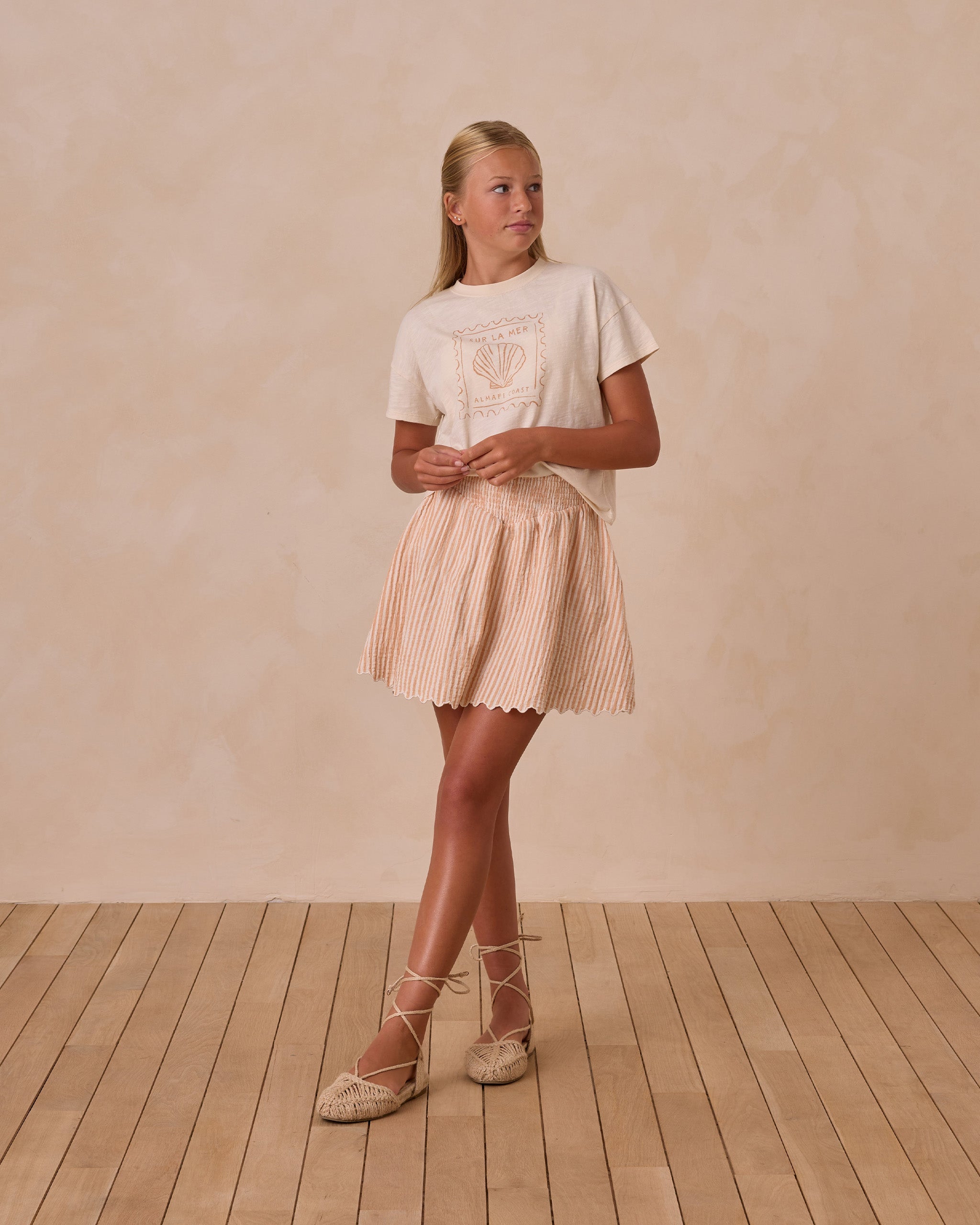 Smocked V Mini Skirt || Grapefruit Stripe Teen