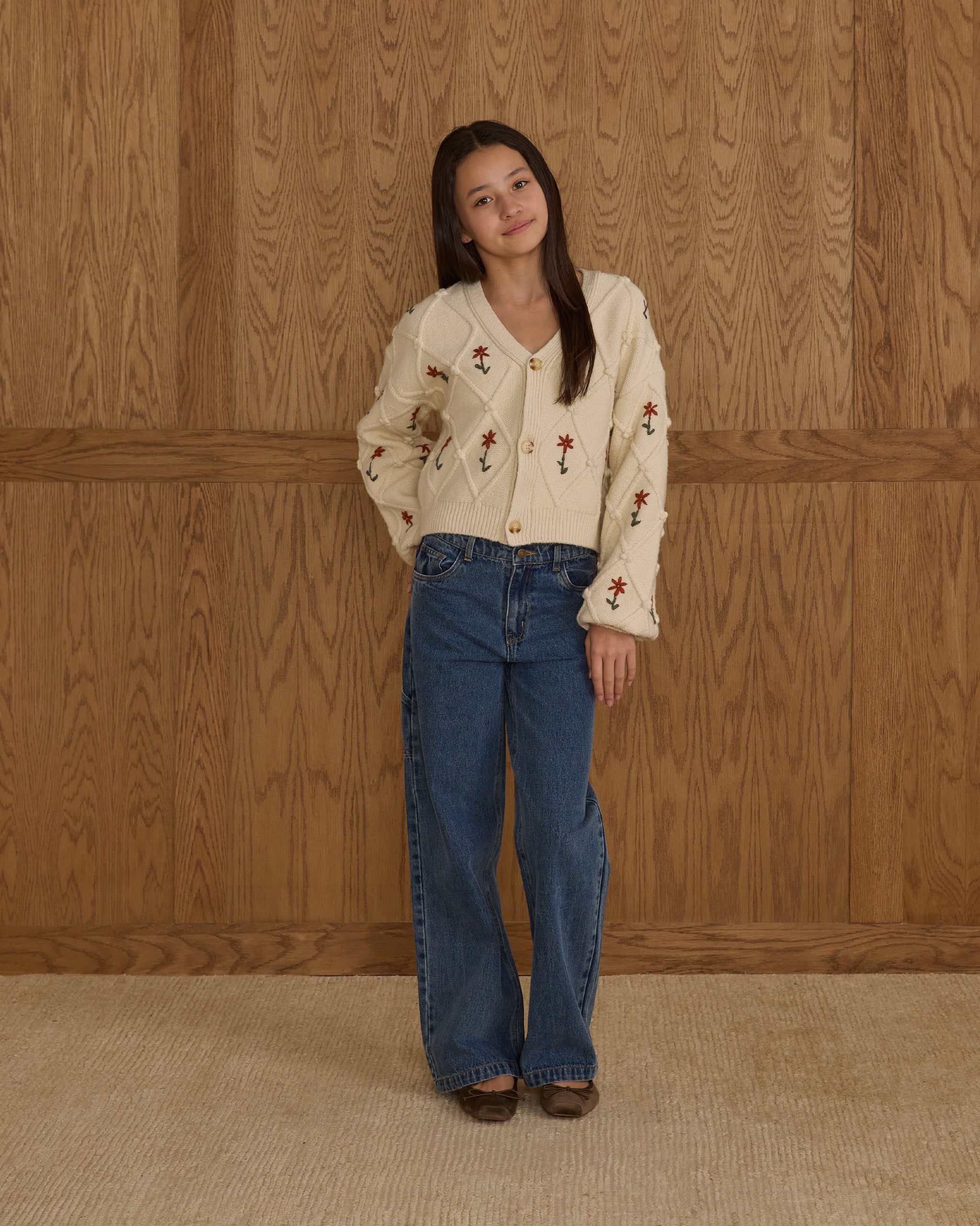 Boxy Crop Cardigan || Winter Daisy Embroidery - Teen