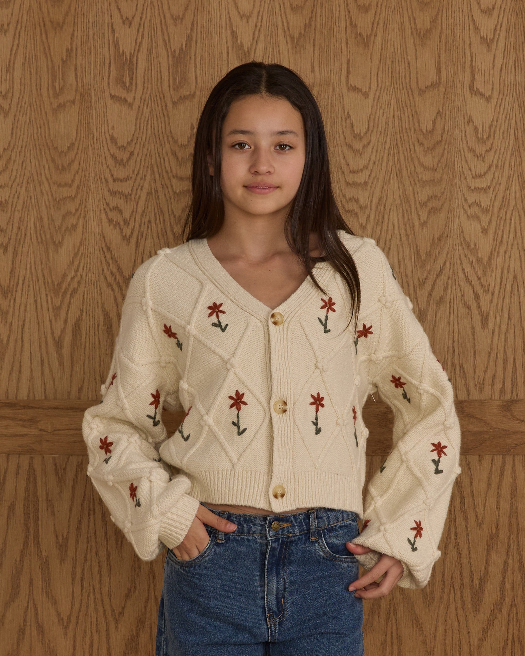 Boxy Crop Cardigan || Winter Daisy Embroidery - Teen