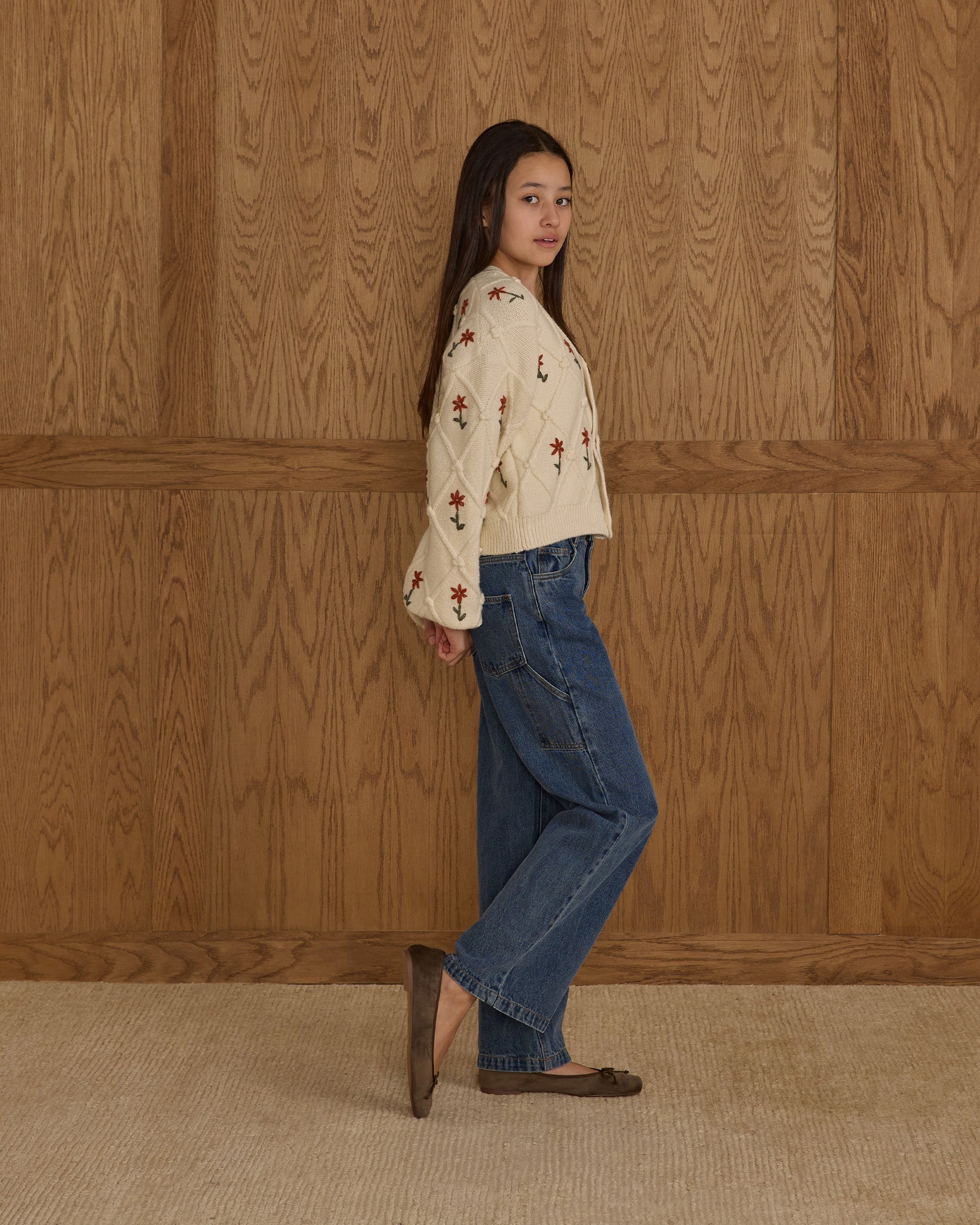 Boxy Crop Cardigan || Winter Daisy Embroidery - Teen