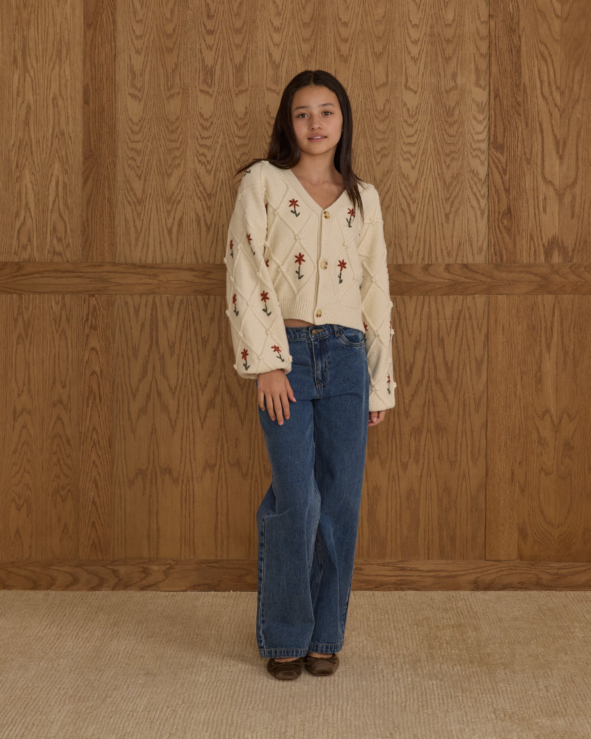 Boxy Crop Cardigan || Winter Daisy Embroidery - Teen