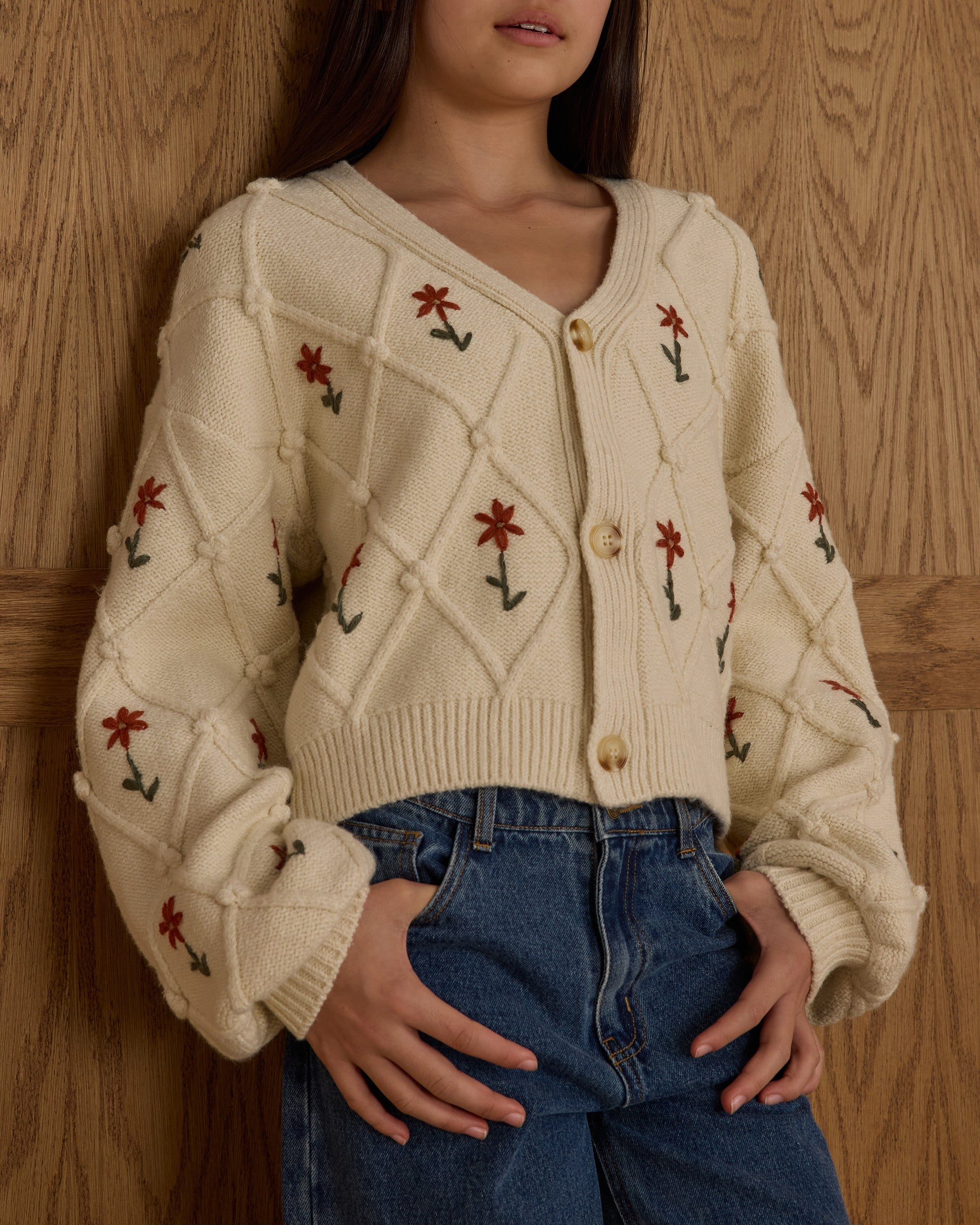 Boxy Crop Cardigan || Winter Daisy Embroidery - Teen