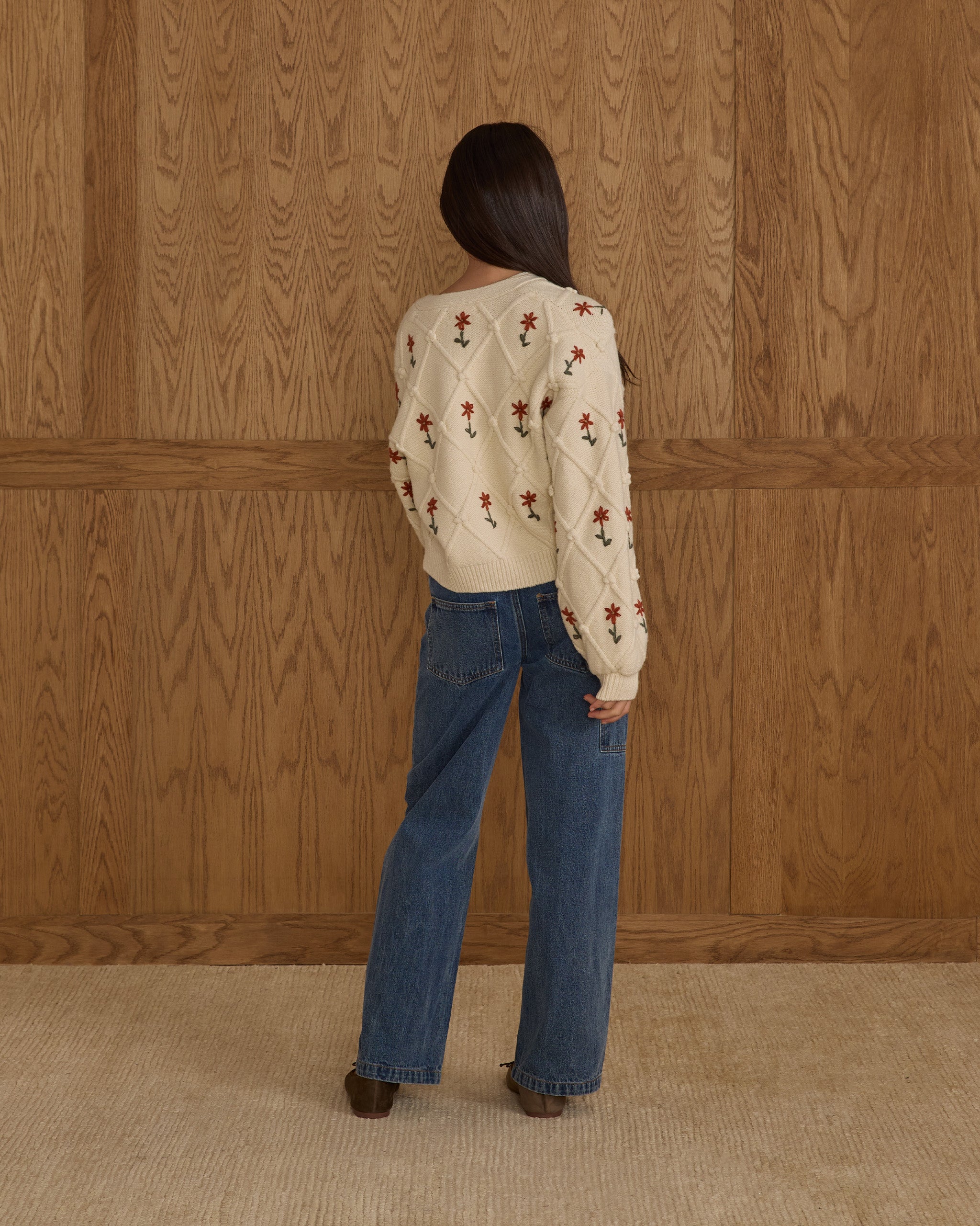 Boxy Crop Cardigan || Winter Daisy Embroidery - Teen