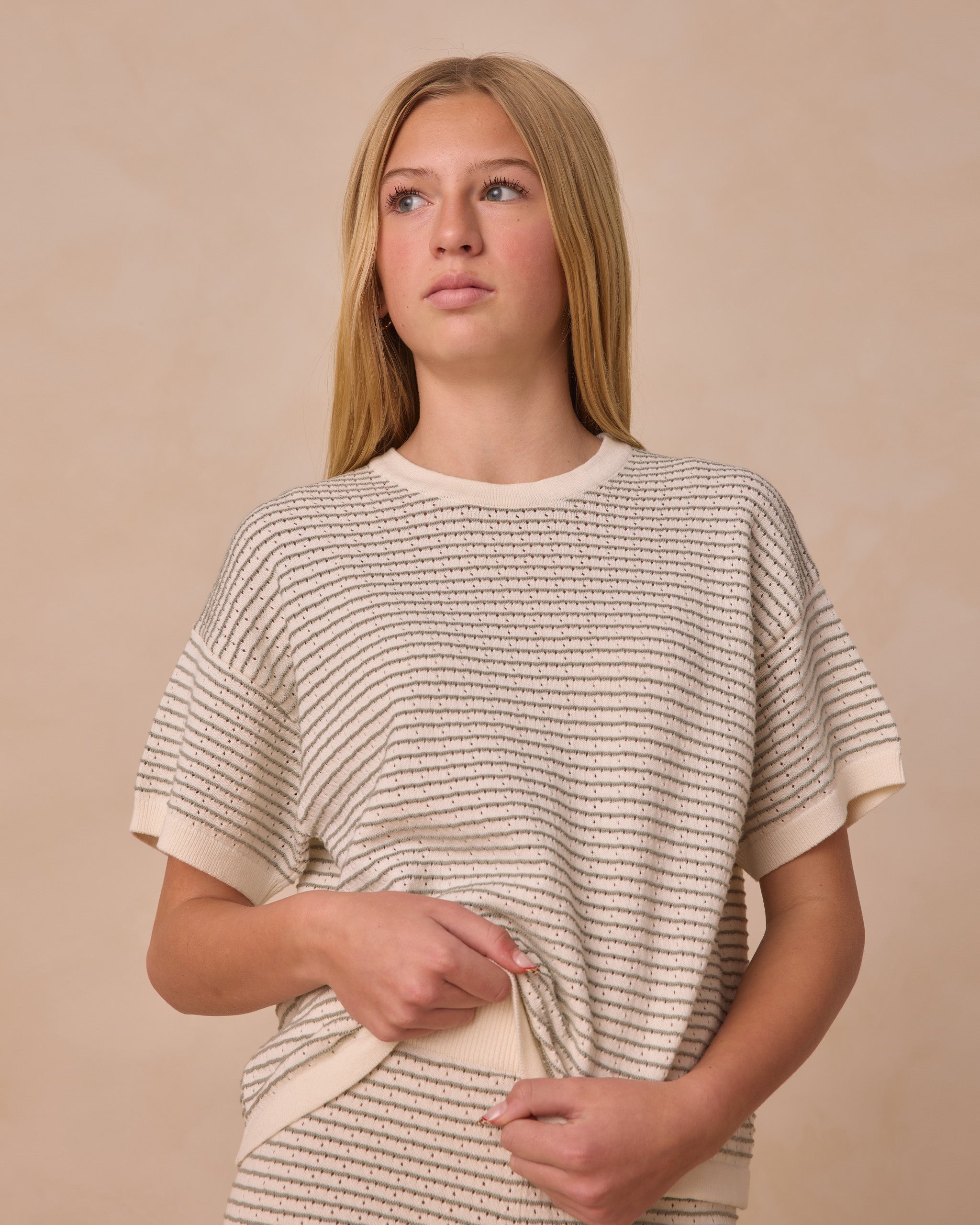 Boxy Crop Knit Tee || Sage Stripe**