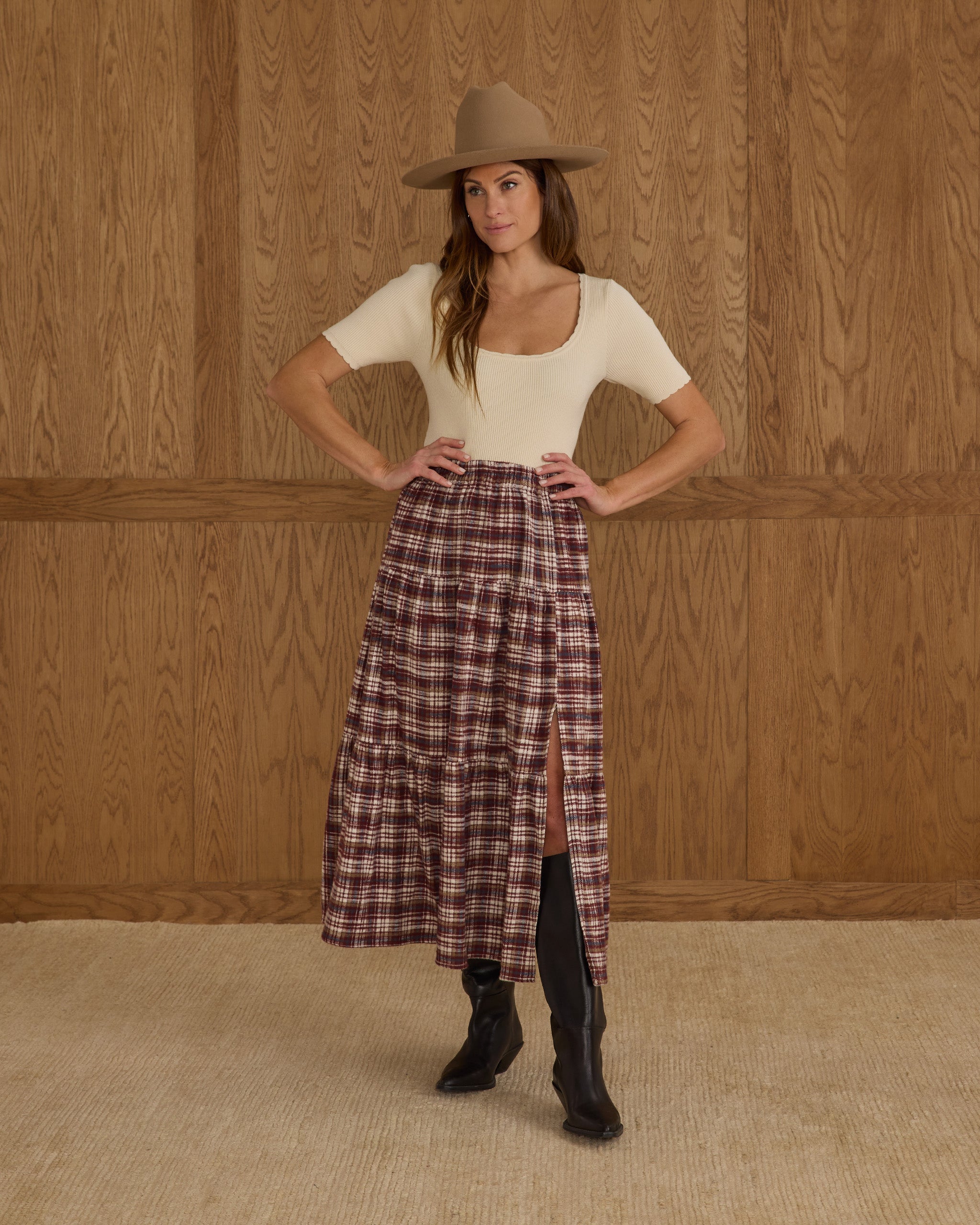 Jupe midi à volants | Plaid bordeaux