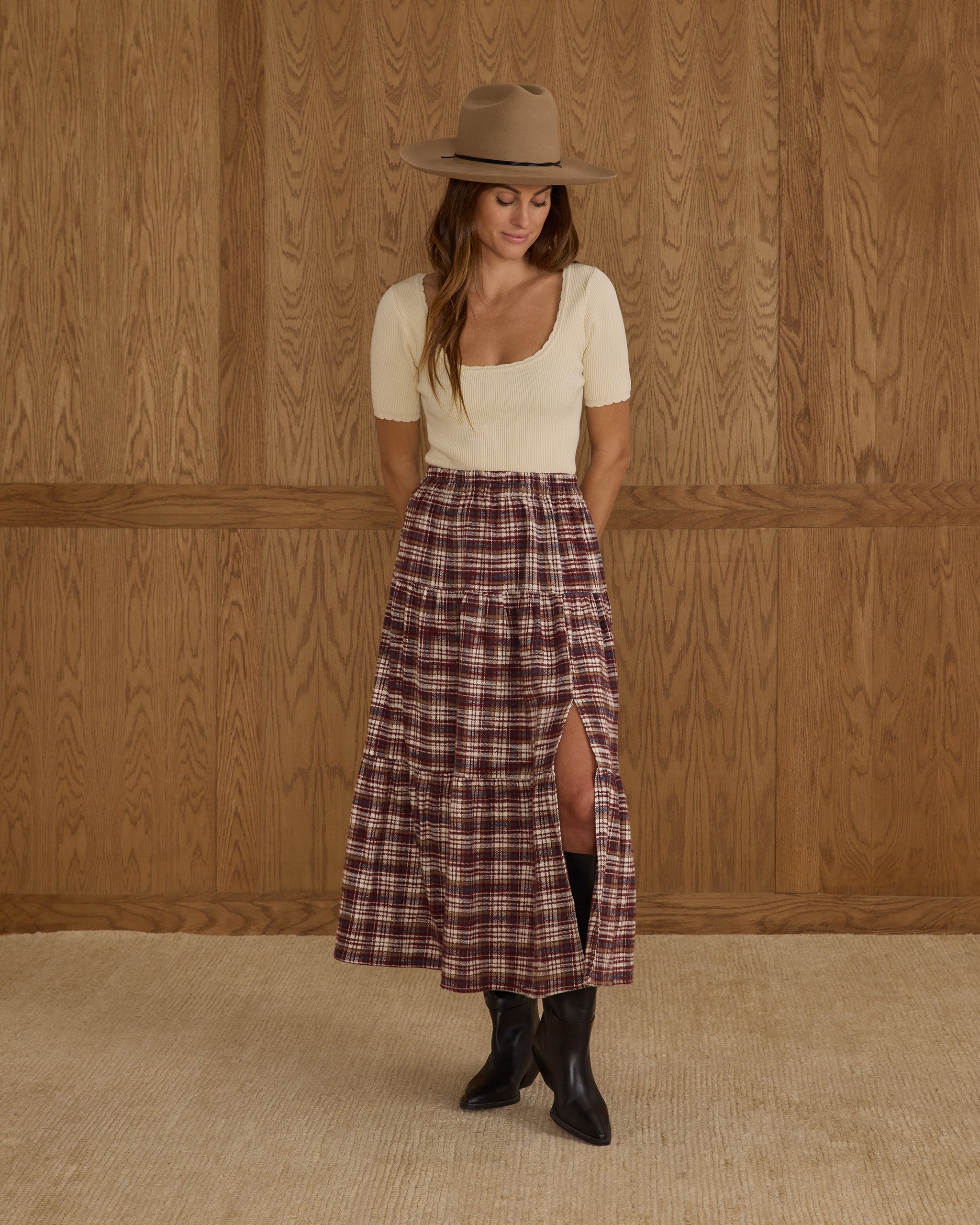 Jupe midi à volants | Plaid bordeaux