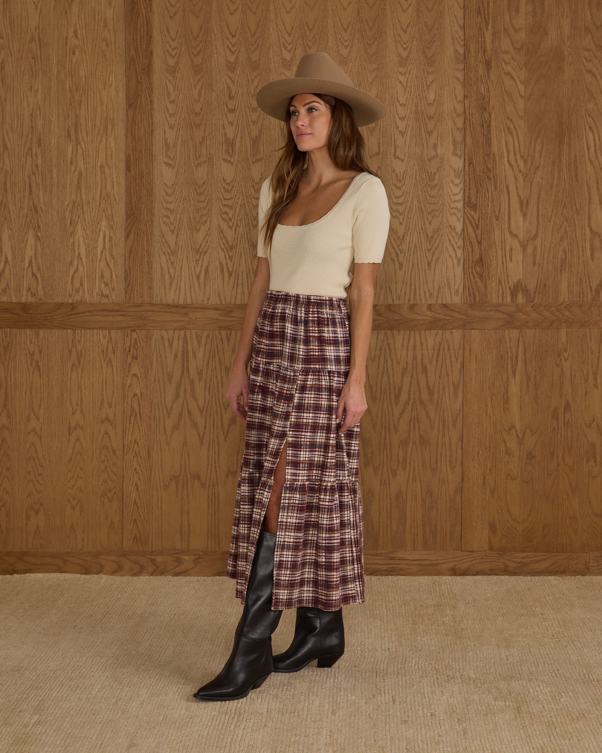 Jupe midi à volants | Plaid bordeaux