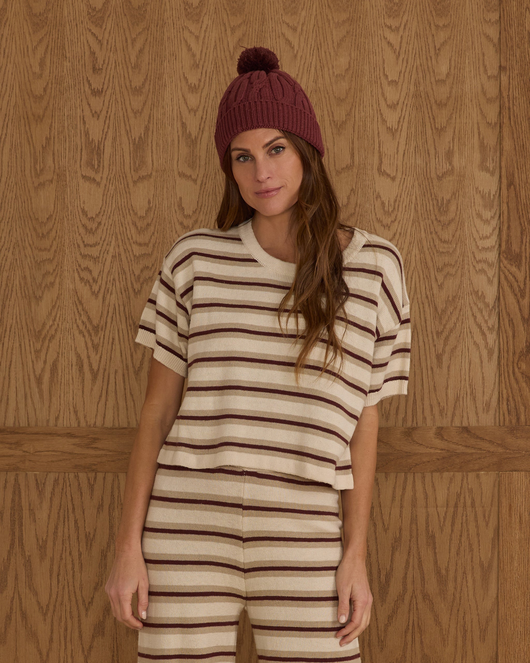 T-shirt court en maille coupe carrée | Rayures bordeaux pour adolescent