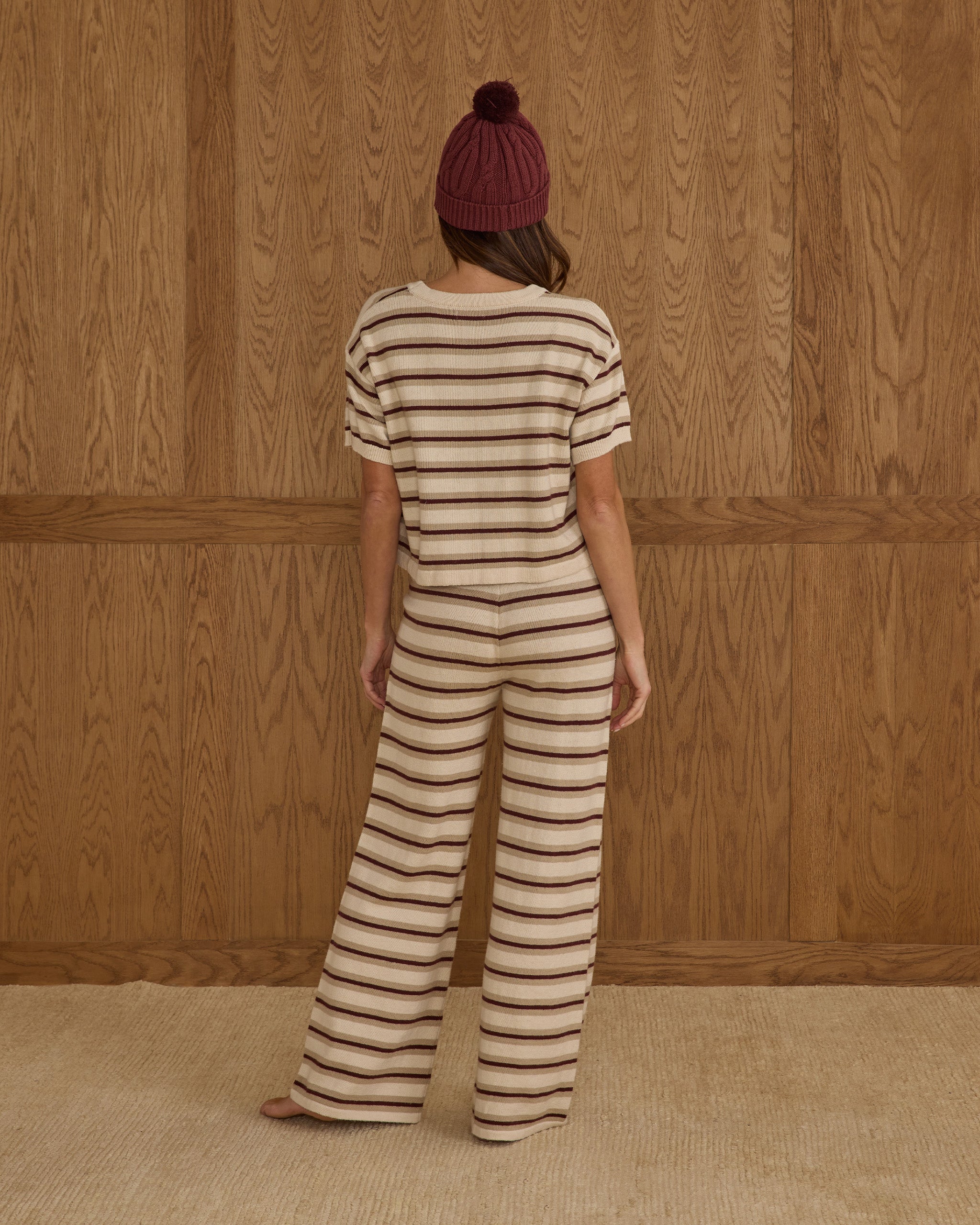 Boxy Crop Knit Tee | Burgundy Stripe