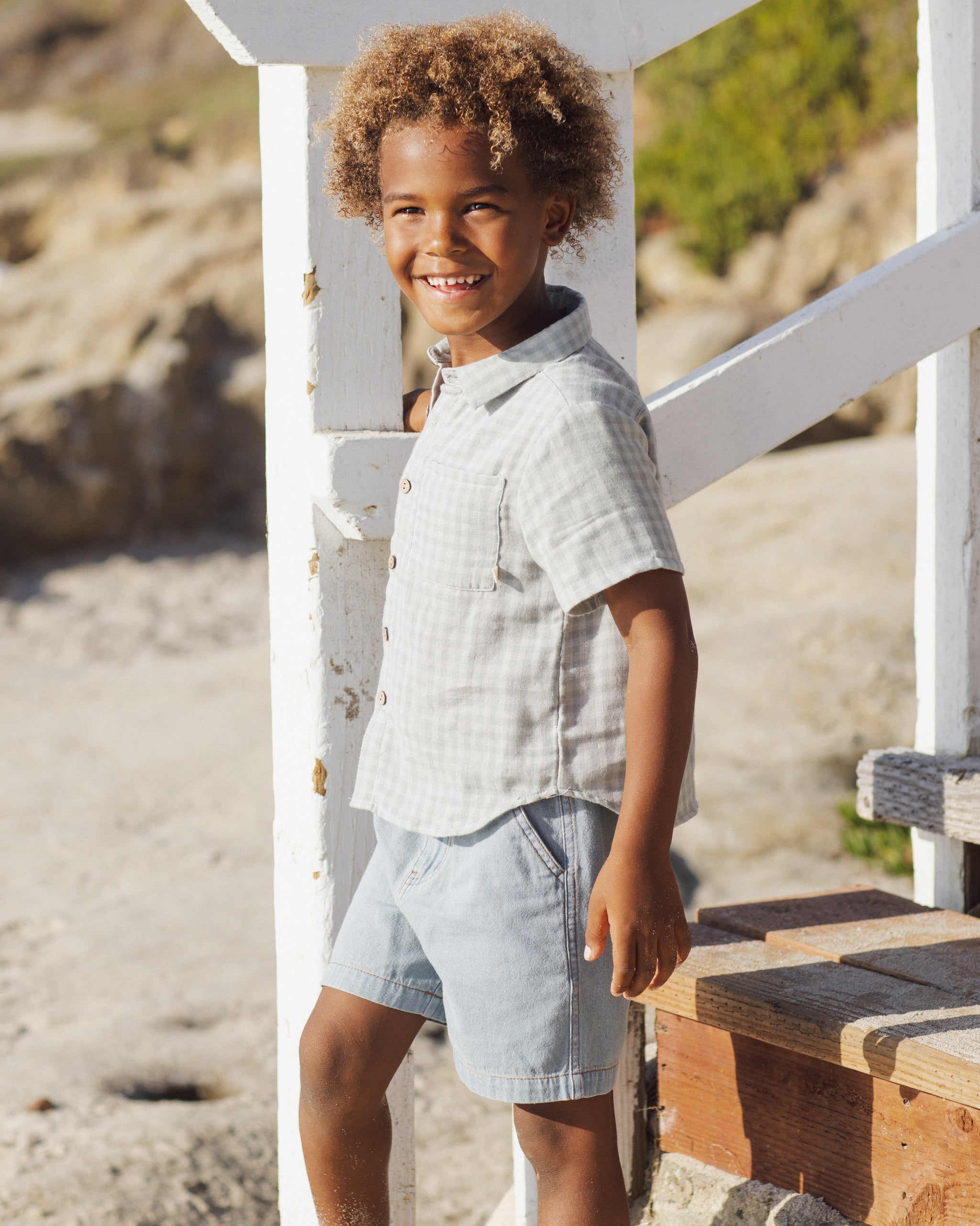 Collared Short Sleeve Shirt Green Gingham - Rylee + Cru | Kids Clothes | Trendy Baby Clothes | Modern Infant Outfits |