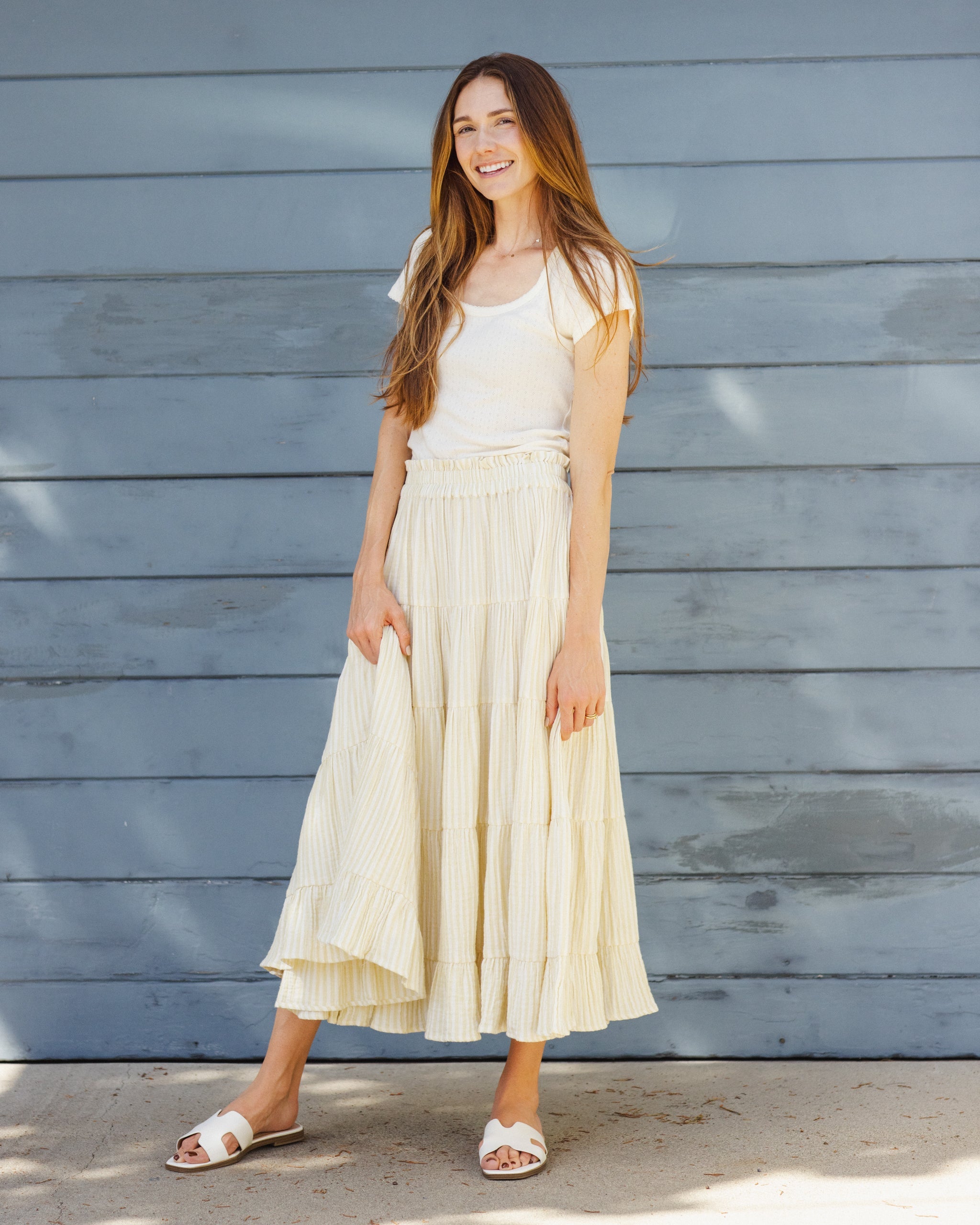 Women's Ruffle Tiered Maxi Skirt Citron Stripe - Rylee + Cru | Kids Clothes | Trendy Baby Clothes | Modern Infant Outfits |