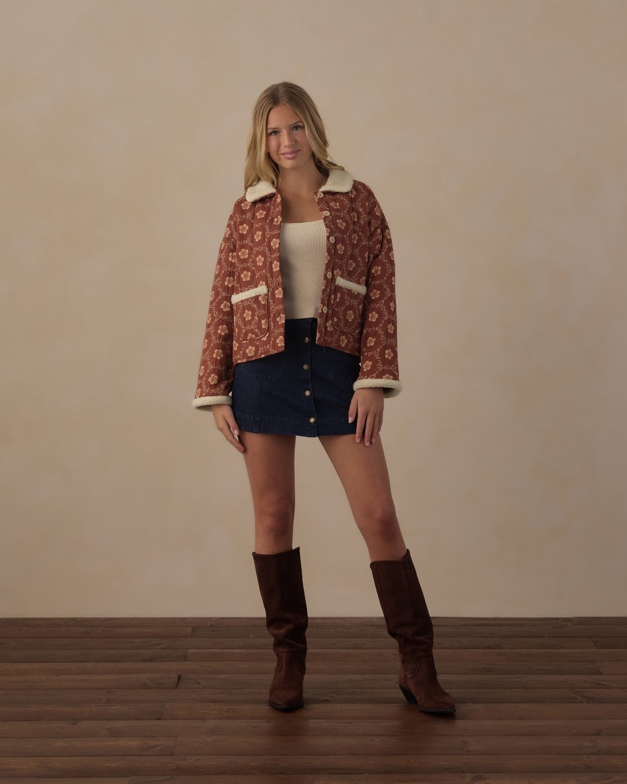 Teen Quilted Coat Brick Daisies - Rylee + Cru | Kids Clothes | Trendy Baby Clothes | Modern Infant Outfits |