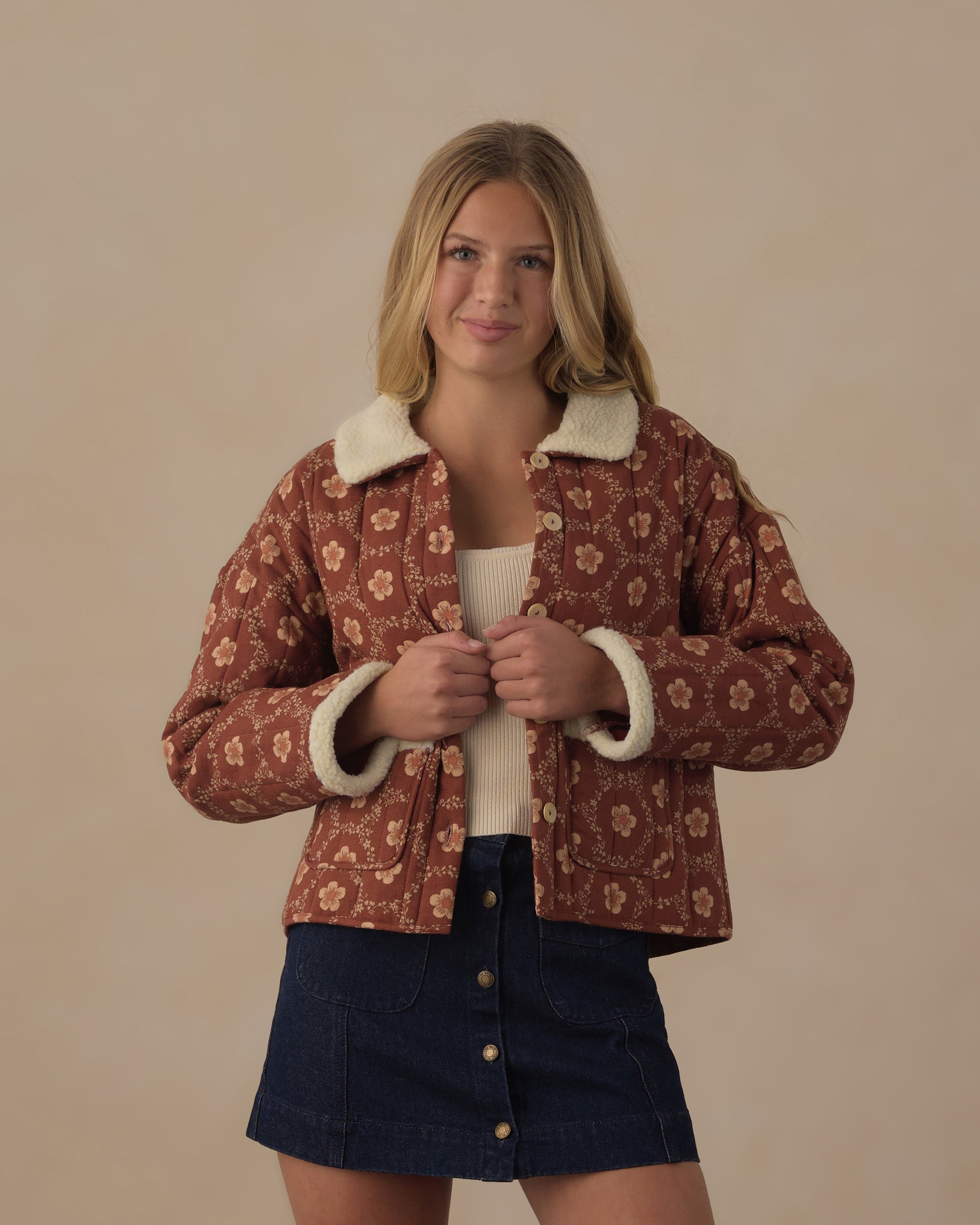Teen Quilted Coat Brick Daisies - Rylee + Cru | Kids Clothes | Trendy Baby Clothes | Modern Infant Outfits |