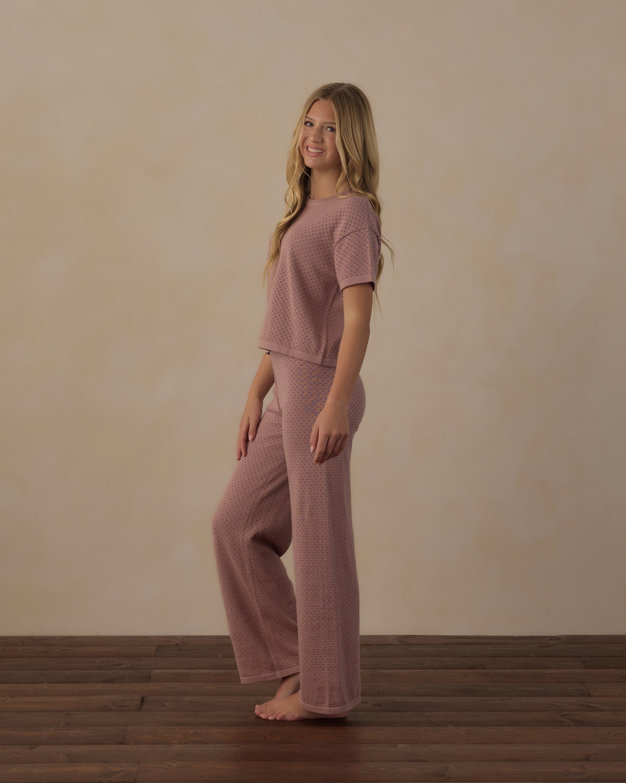 Pantalon en maille à jambes larges pour adolescente, bois de rose