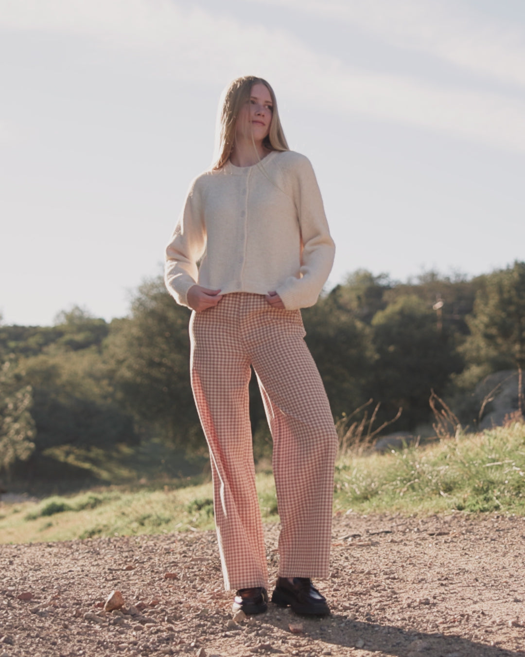 Pantalon large pour adolescente, vichy fauve