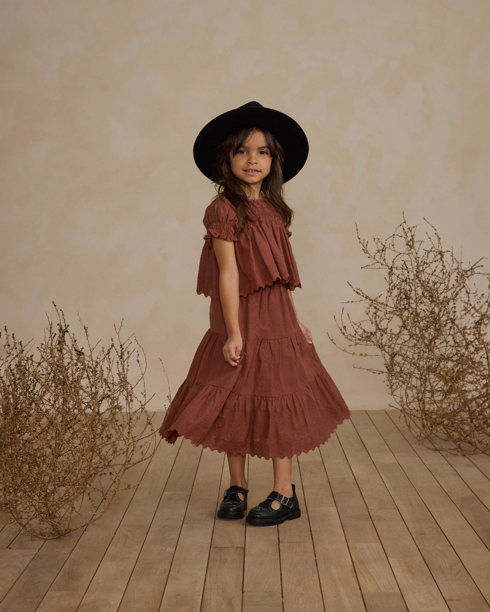 Ruffle Tiered Midi Skirt || Brick - Rylee + Cru Canada