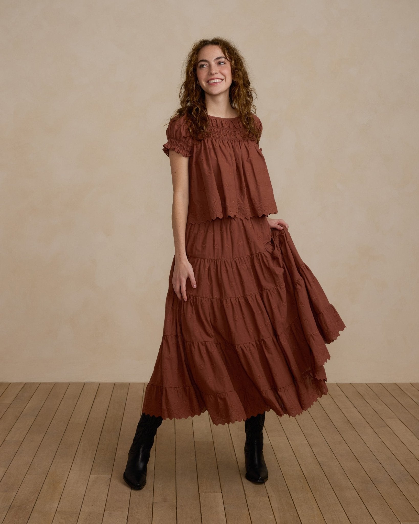 Ruffle Tiered Midi Skirt | Brick - Rylee + Cru Canada